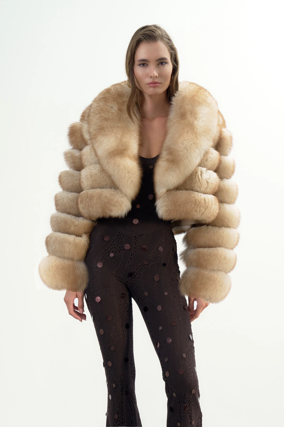 BEIGE/BROWN SPECKLED FAUX FUR COAT