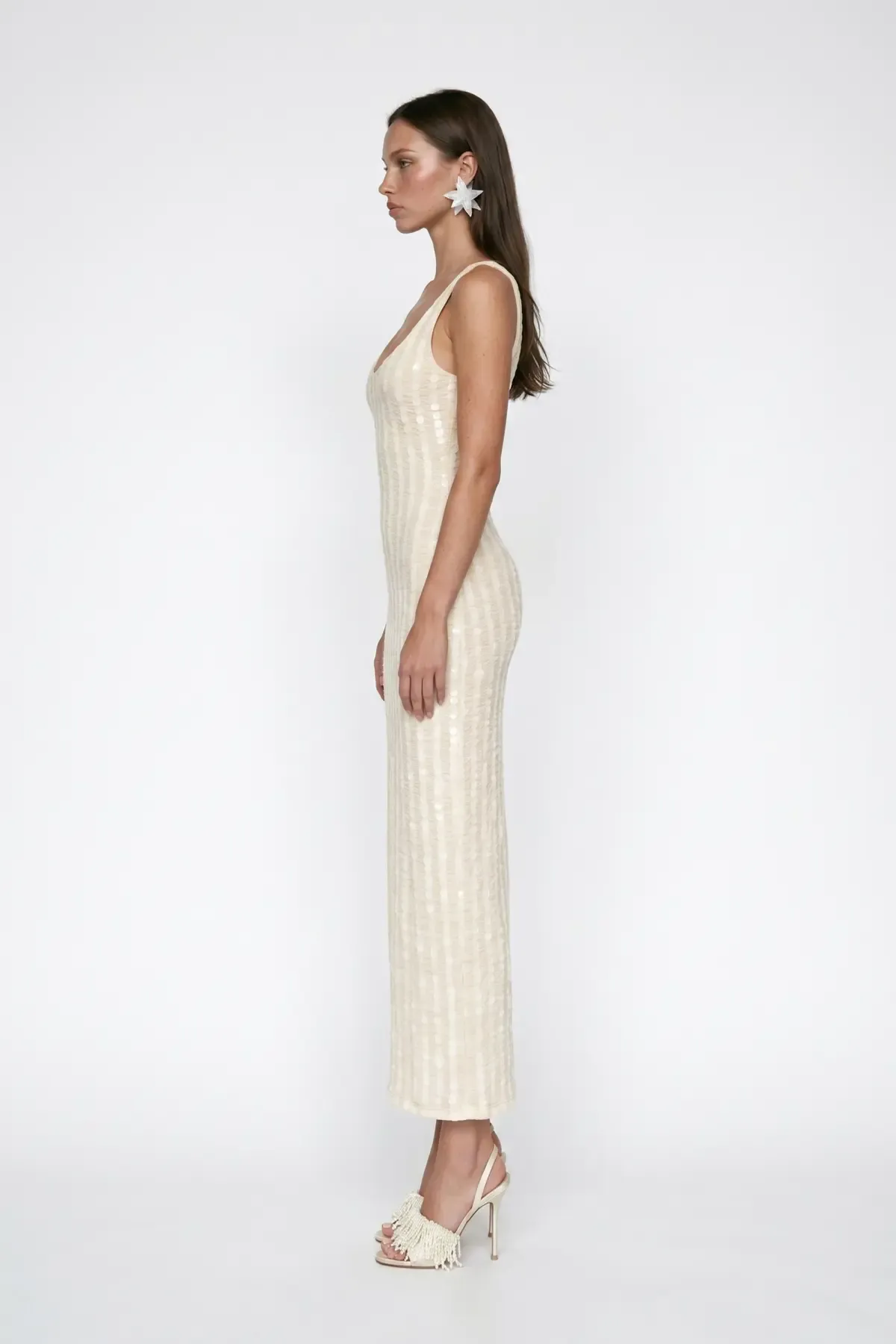 BEIGE CORAL BEADED FRINGE DETAIL LACE MIDI DRESS