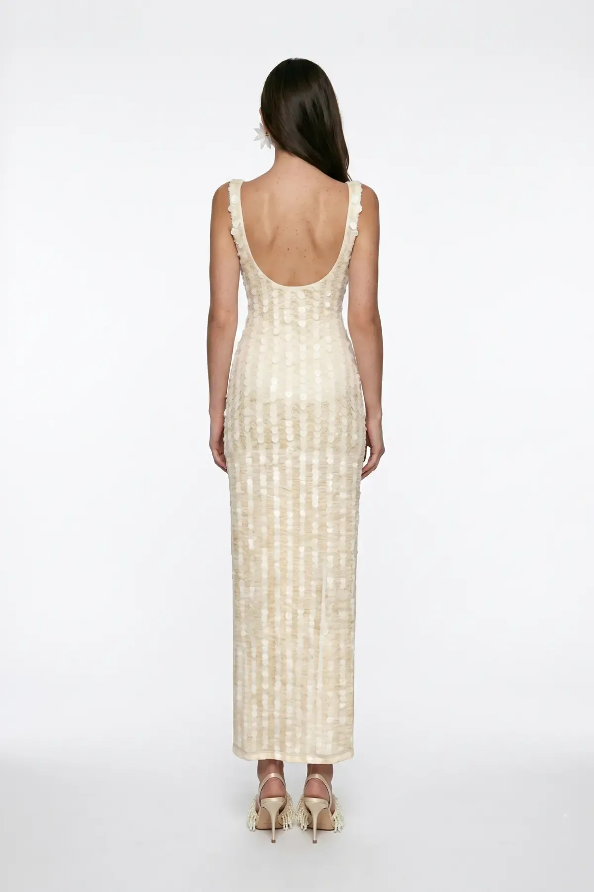 BEIGE CORAL BEADED FRINGE DETAIL LACE MIDI DRESS