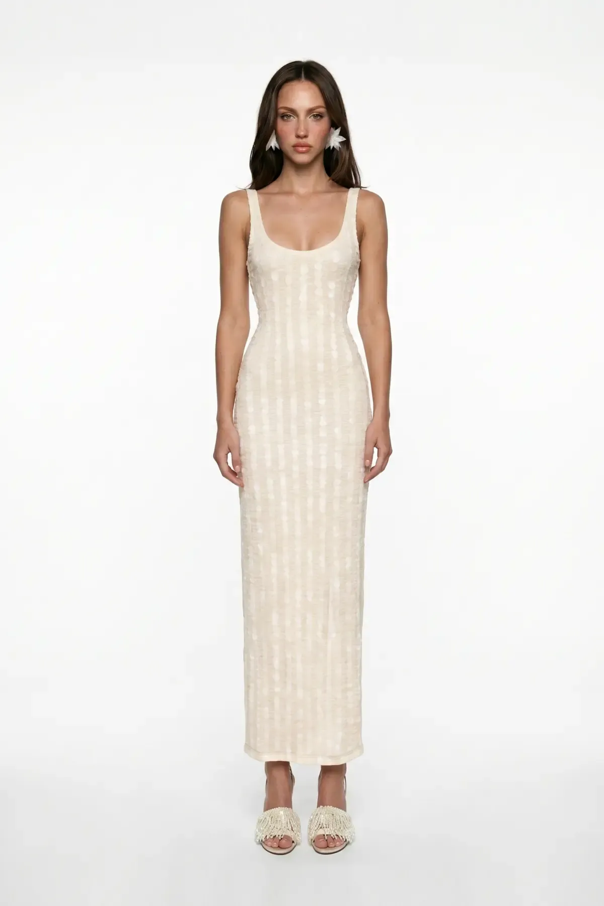 BEIGE CORAL BEADED FRINGE DETAIL LACE MIDI DRESS