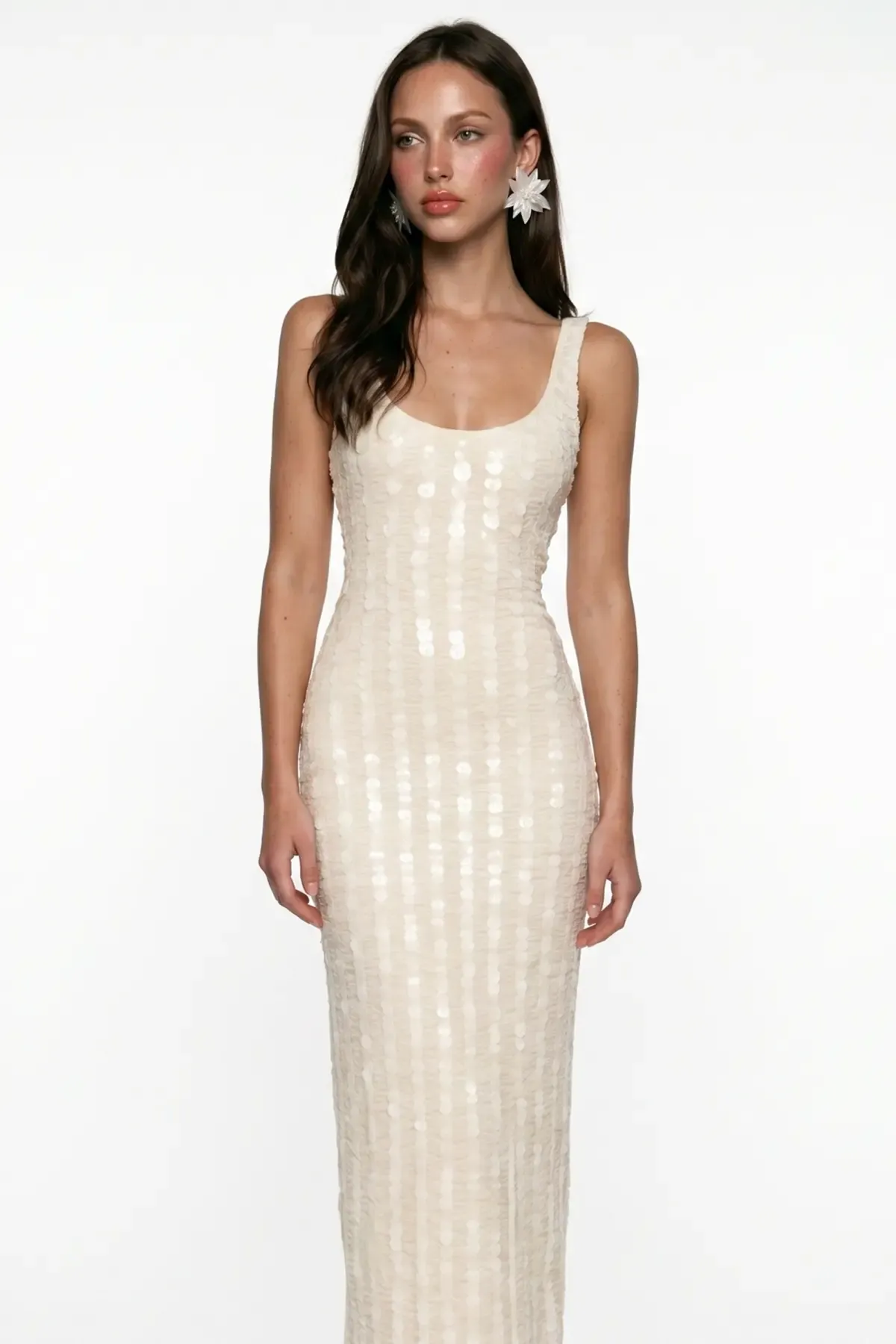 BEIGE CORAL BEADED FRINGE DETAIL LACE MIDI DRESS
