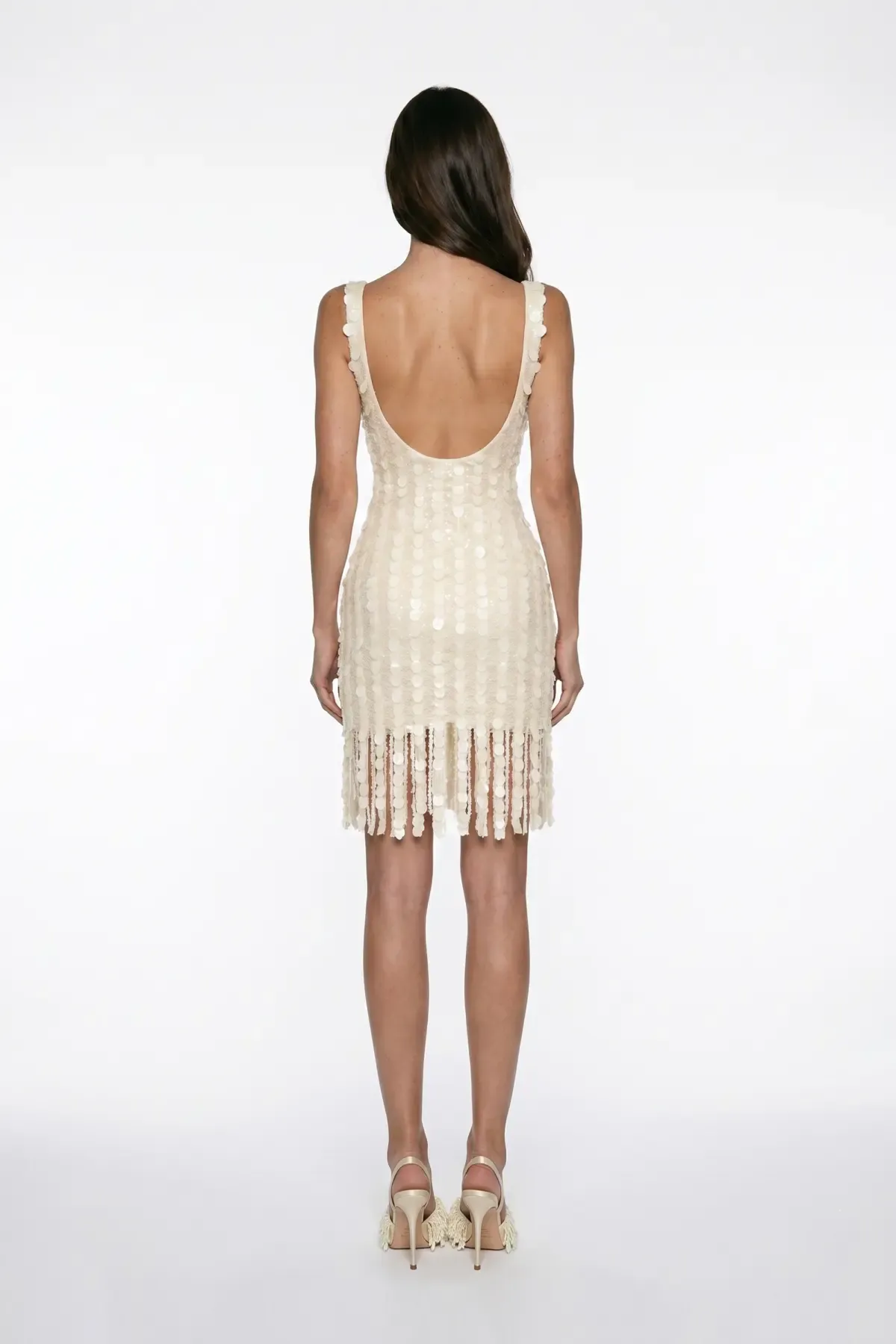 BEIGE CORAL BEADED FRINGE DETAIL LACE MINI DRESS