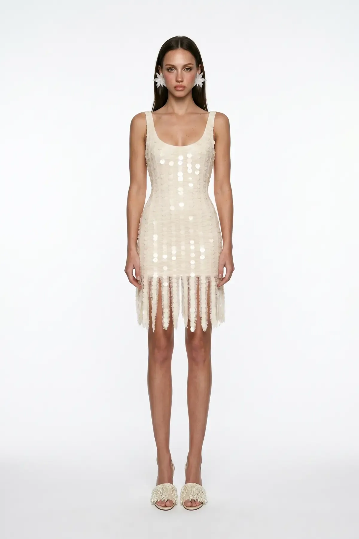 BEIGE CORAL BEADED FRINGE DETAIL LACE MINI DRESS