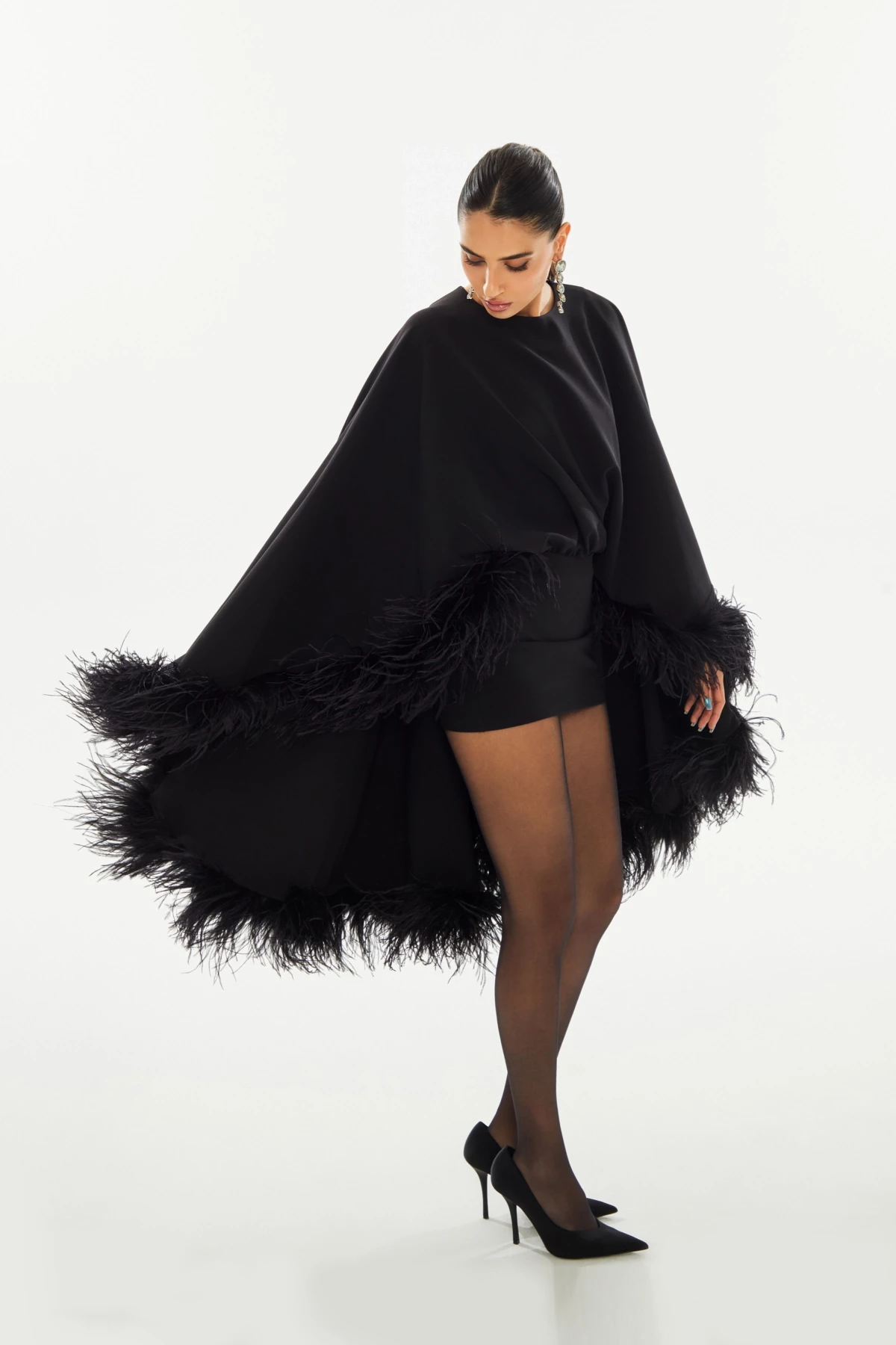 BLACK MINI DRESS WITH CAPE FEATHER DETAIL