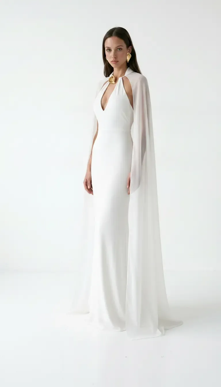 WHITE V-NECK CAPE DETAIL MAXI JERSEY DRESS