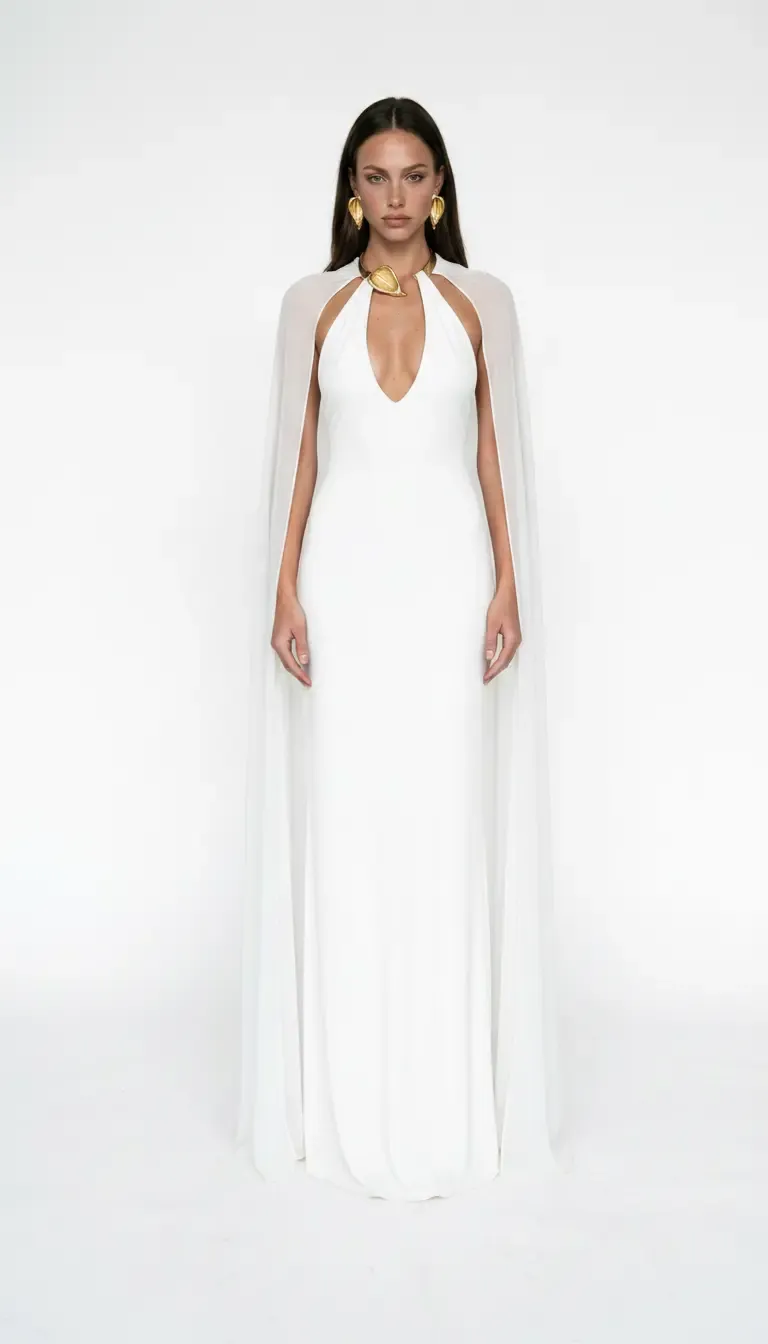 WHITE V-NECK CAPE DETAIL MAXI JERSEY DRESS
