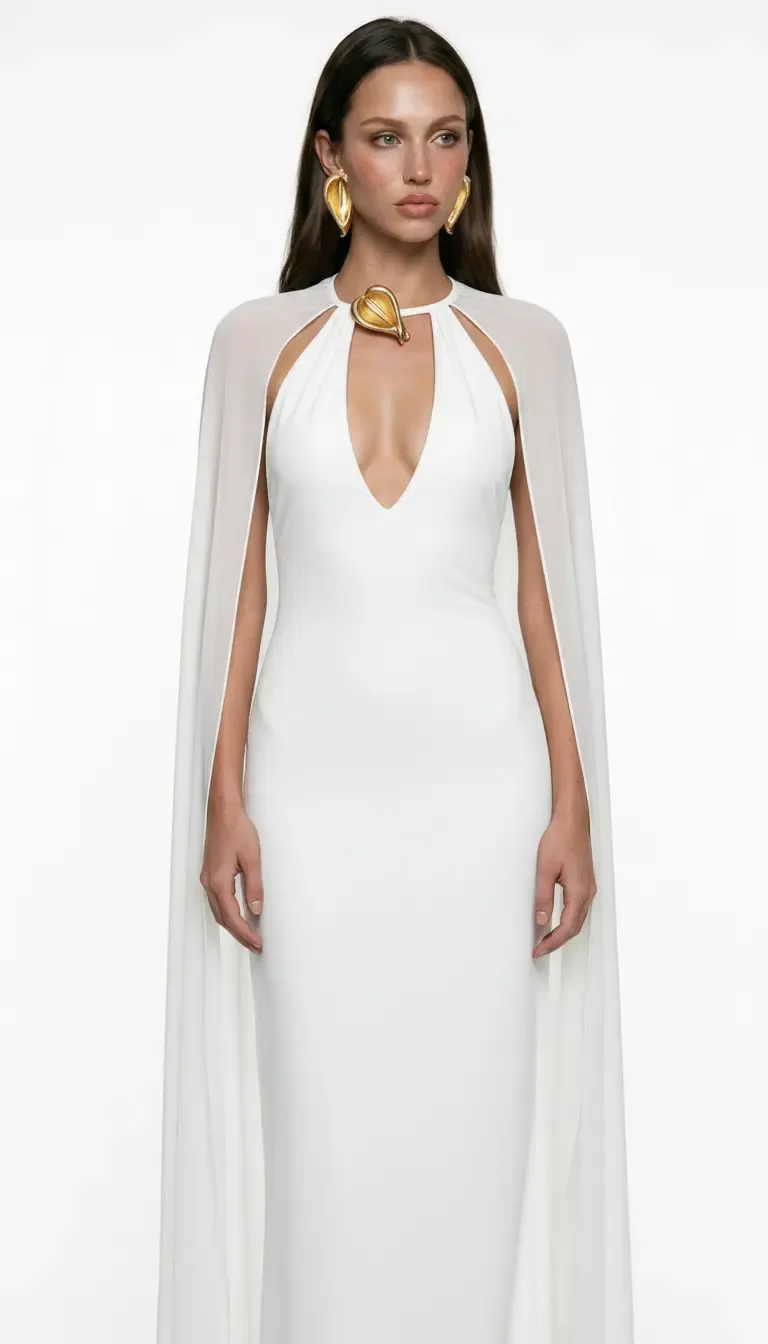 WHITE V-NECK CAPE DETAIL MAXI JERSEY DRESS