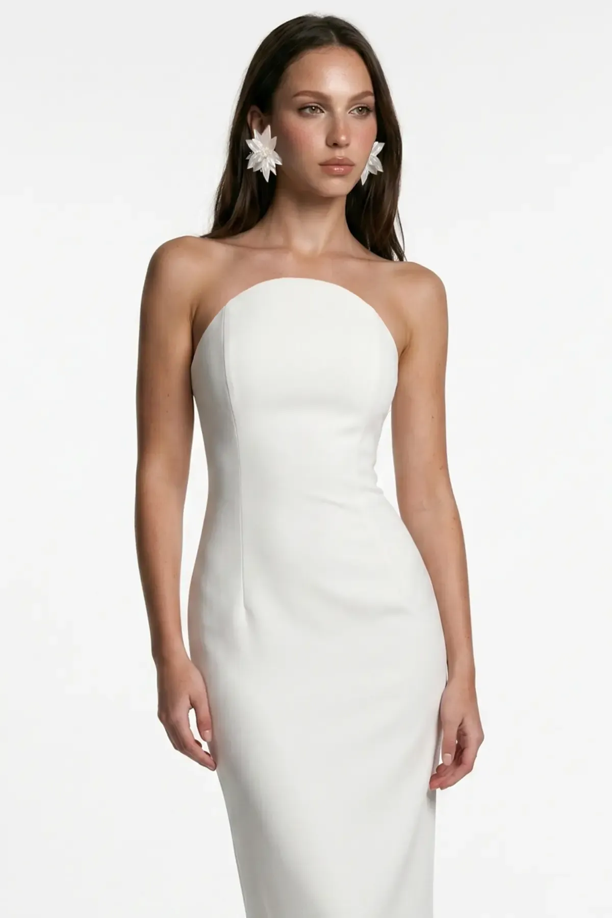 WHITE CORSET DETAIL CREPE MIDI BODYCON DRESS