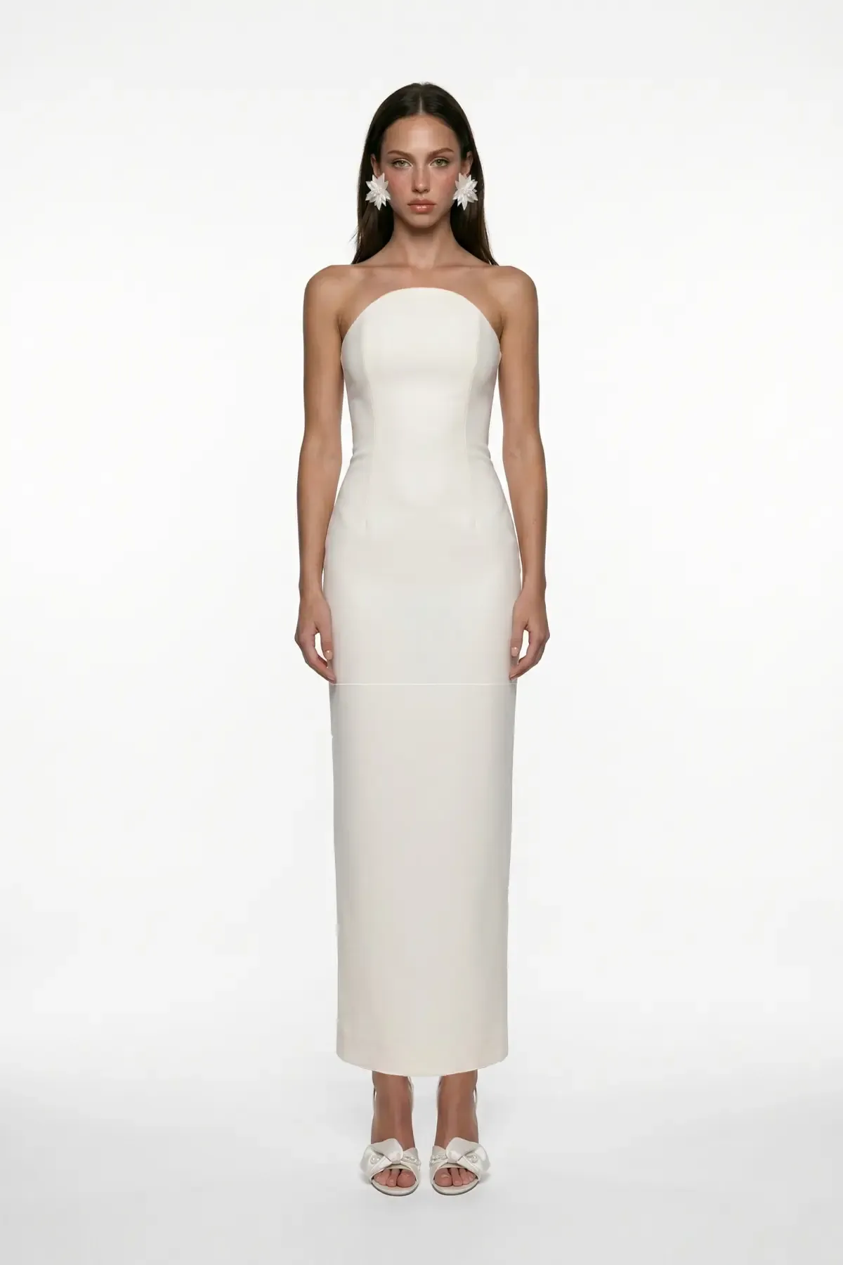 WHITE CORSET DETAIL CREPE MIDI BODYCON DRESS