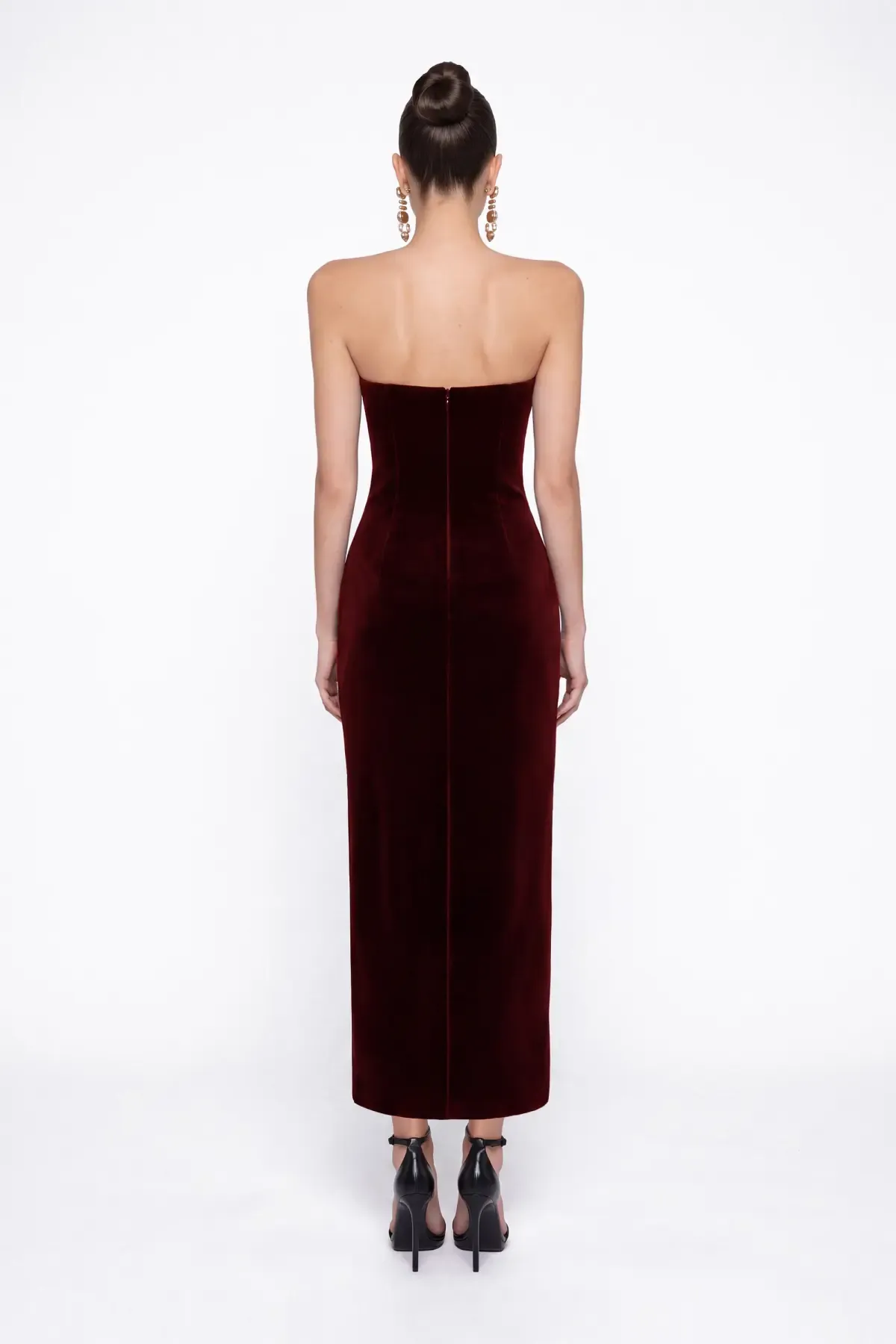 BORDO KADİFE BODYCON MİDİ ELBİSE