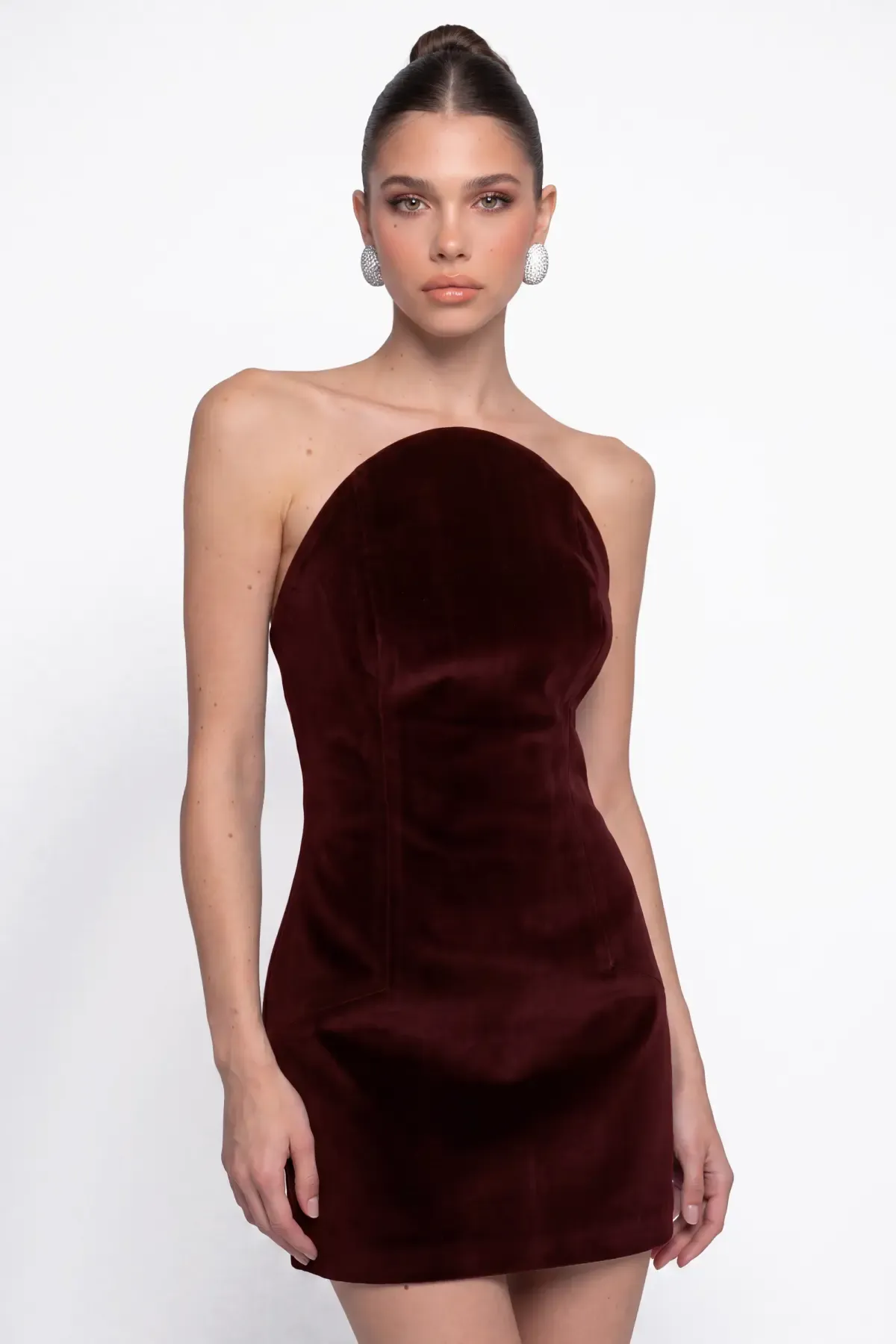 BORDO KADİFE MİNİ BODYCON ELBİSE