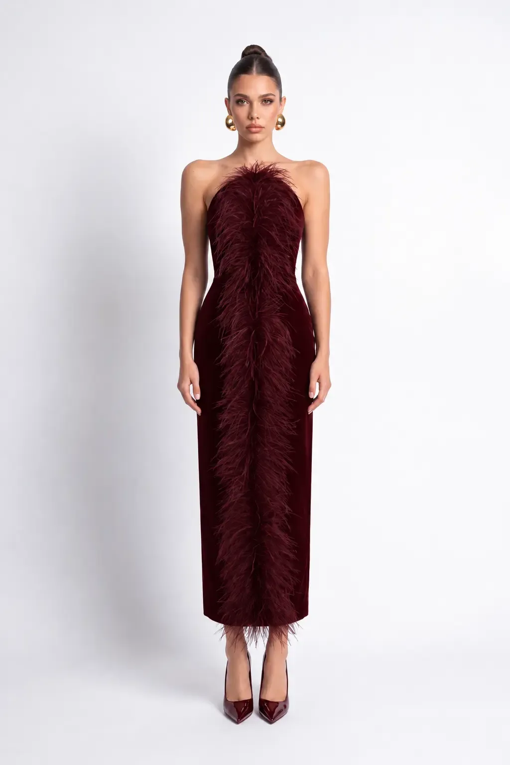BORDO TÜY DETAYLI KADİFE BODYCON MİDİ ELBİSE