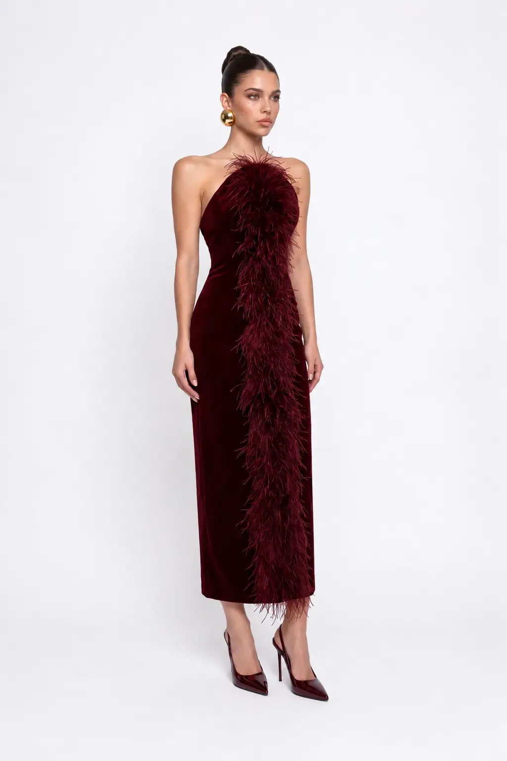 BORDO TÜY DETAYLI KADİFE BODYCON MİDİ ELBİSE