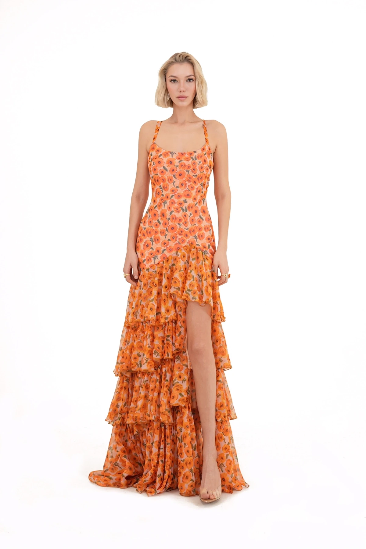 Floral Patterned Ruffled Slit Detailed Orange Maxi Dress