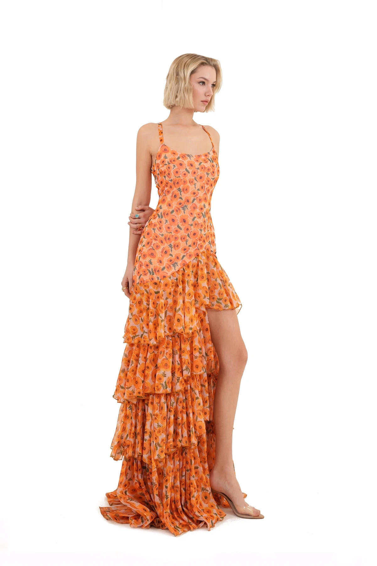 Floral Patterned Ruffled Slit Detailed Orange Maxi Dress
