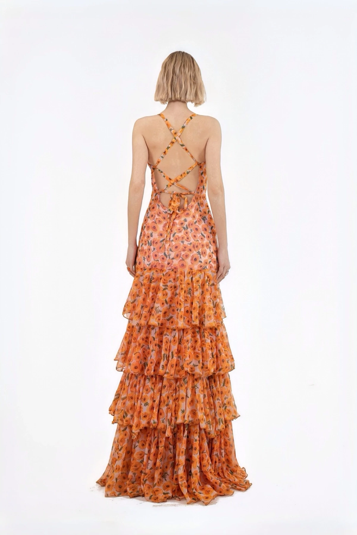 Floral Patterned Ruffled Slit Detailed Orange Maxi Dress