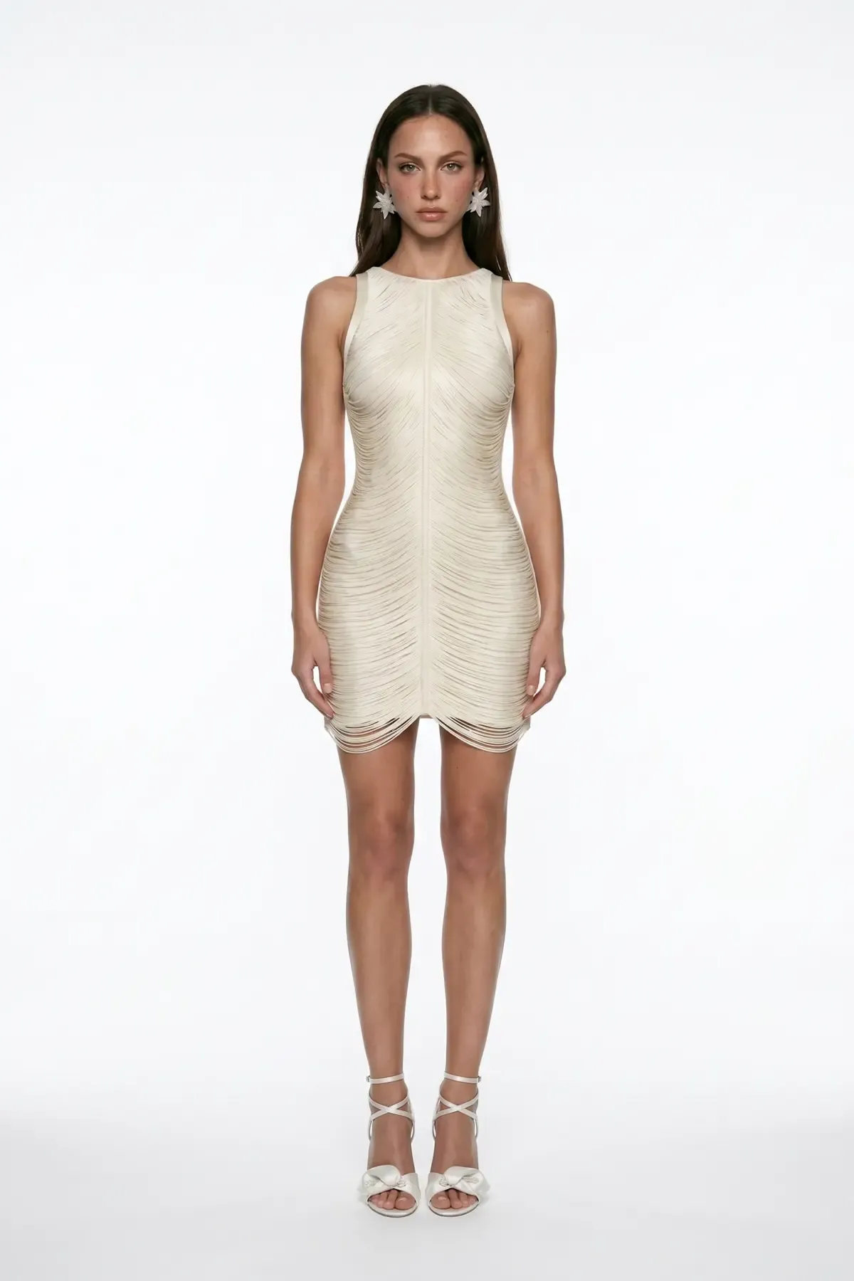 ECRU FRINGE DETAIL MINI DRESS