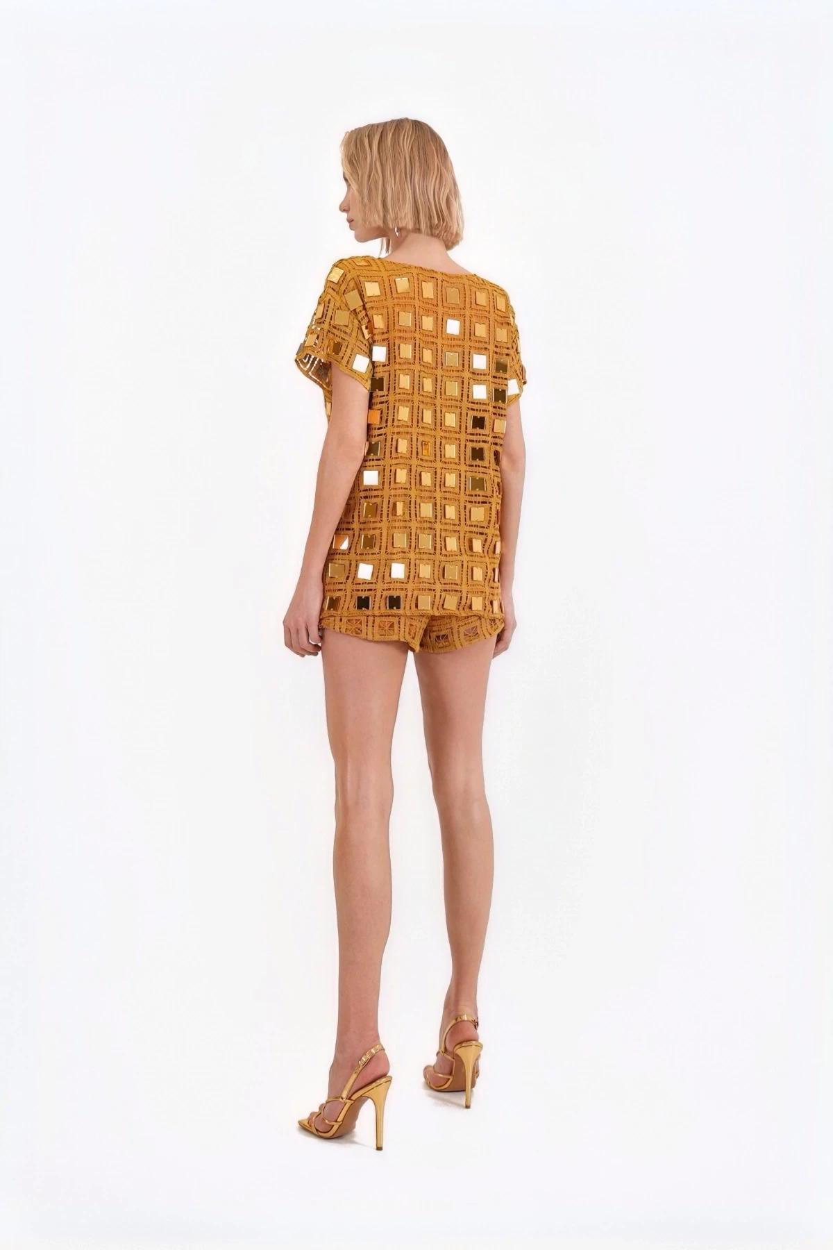 Gold Mirror Detailed Mustard Crochet Shorts