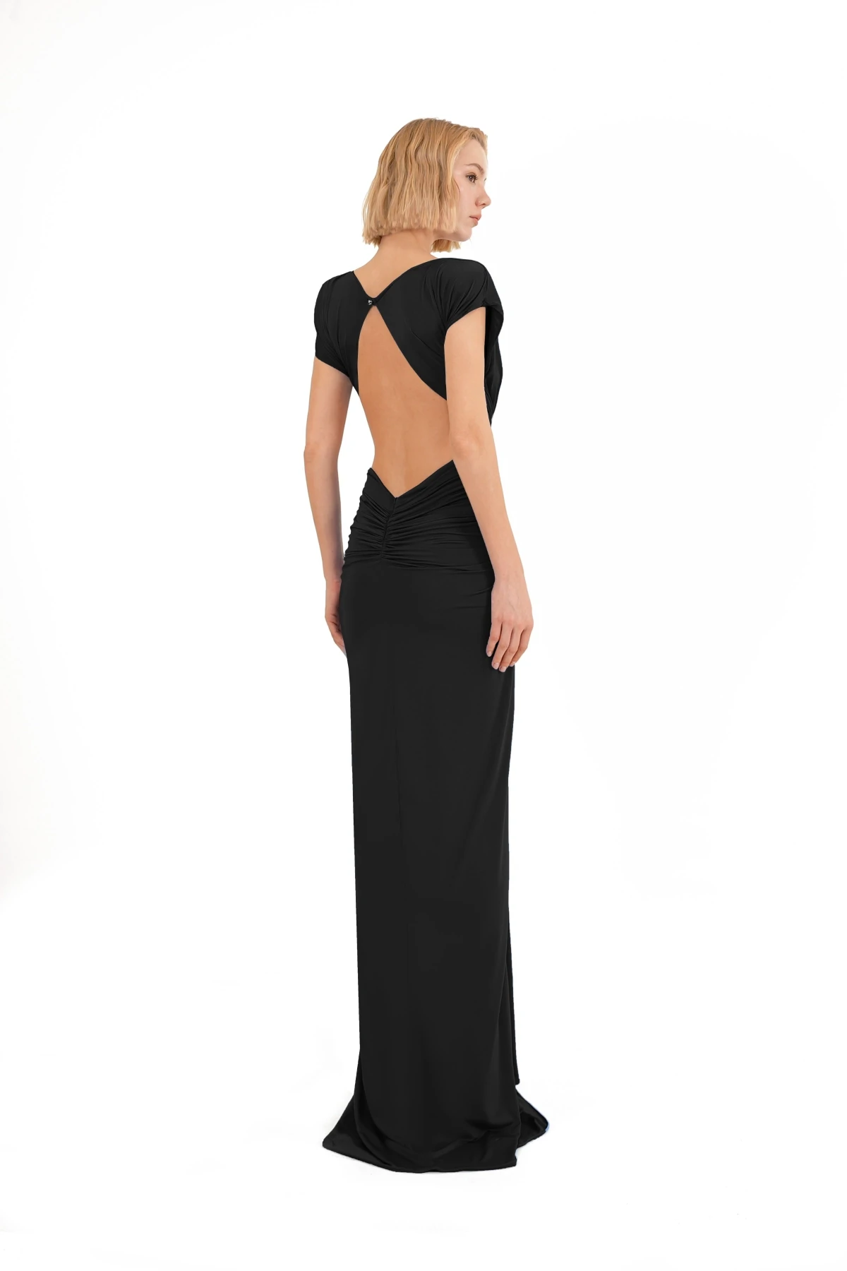 Gold Stone Buckle Detailed Draped Open Back Black Maxi Dress