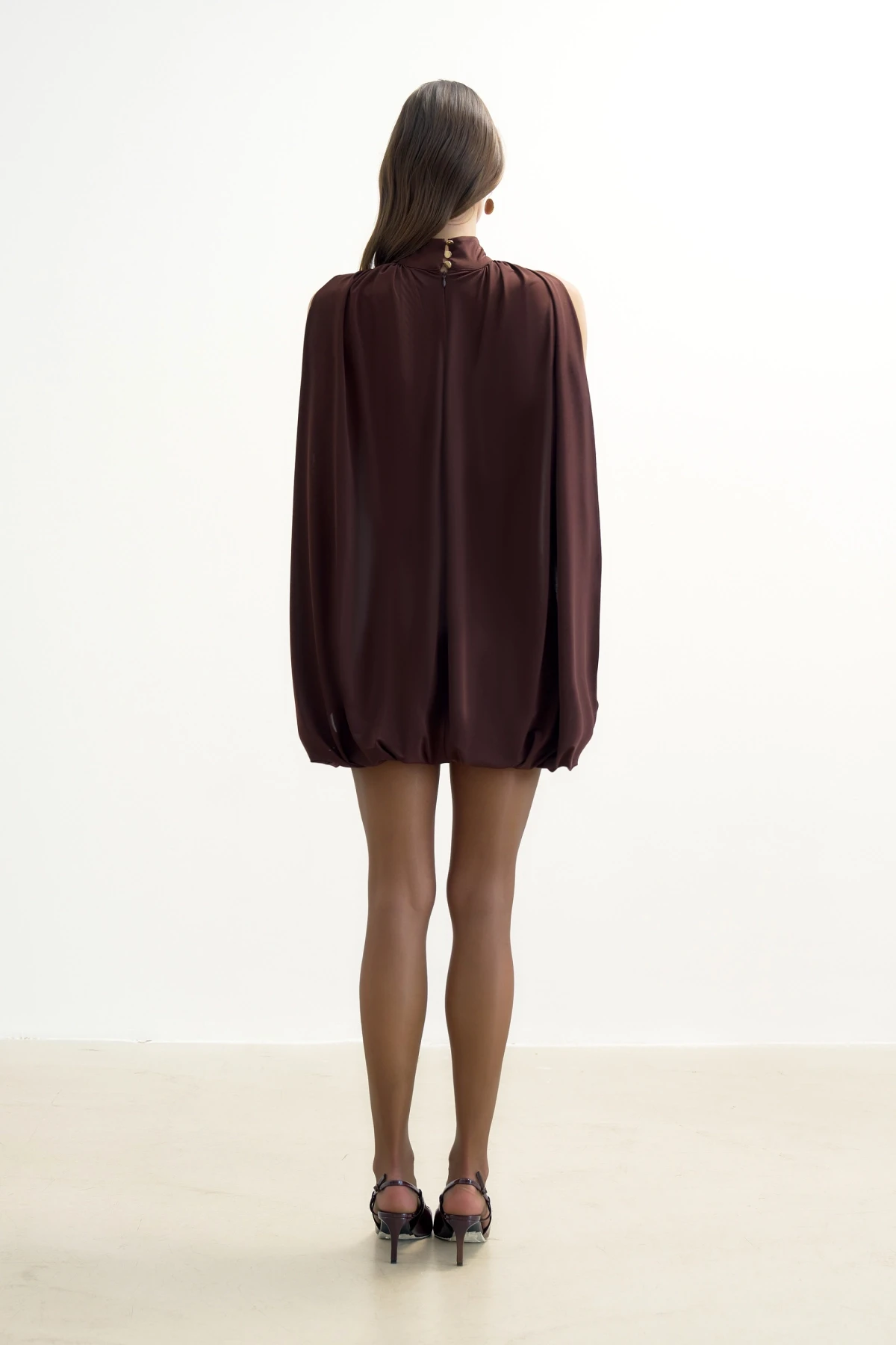 BROWN HALTER-NECK MINI DRESS WITH CAPE-BACK DETAIL