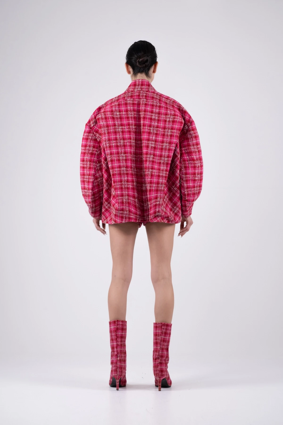 Fuchsia Tweed Shorts with Square Pattern