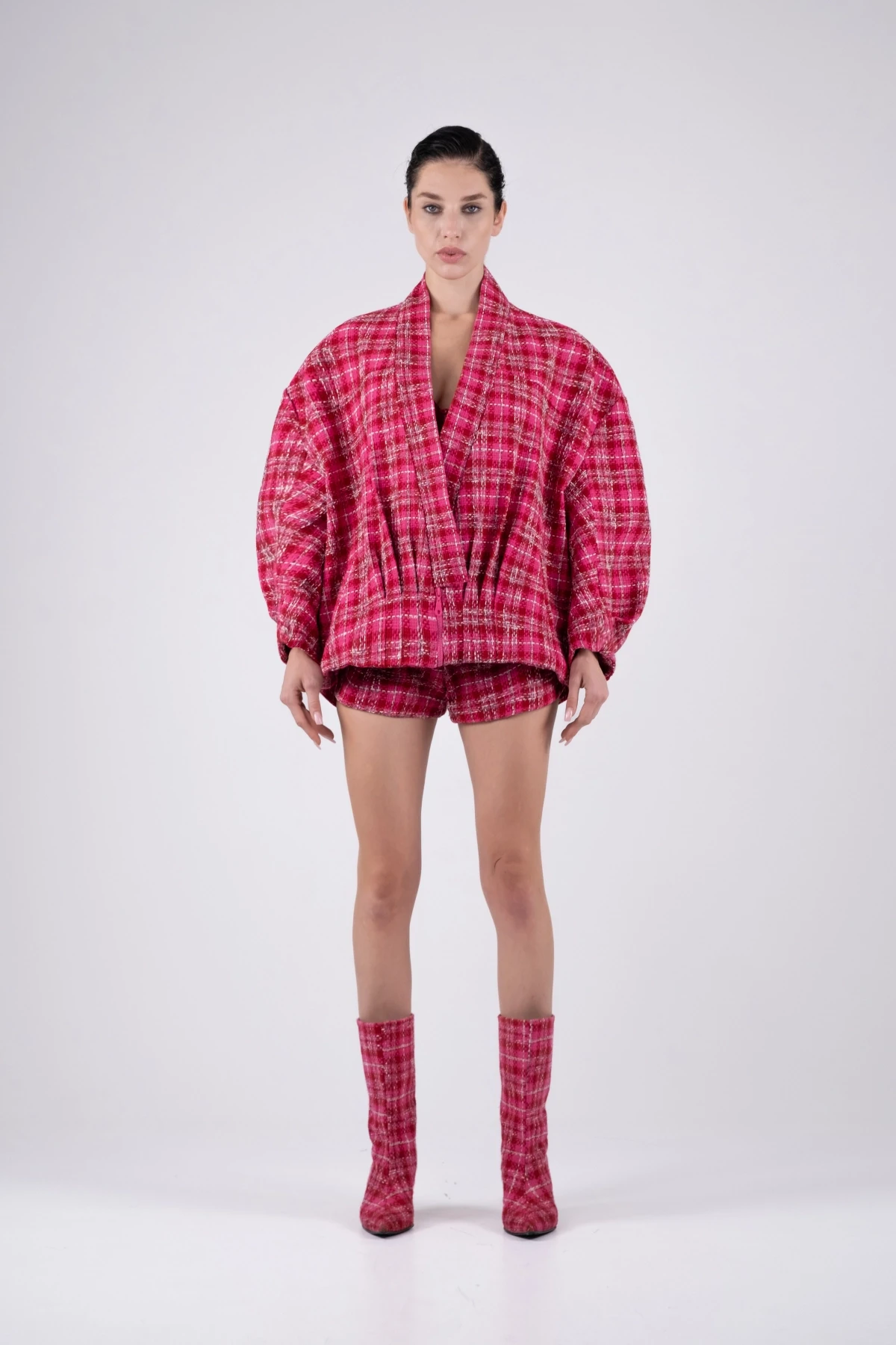 Fuchsia Tweed Shorts with Square Pattern