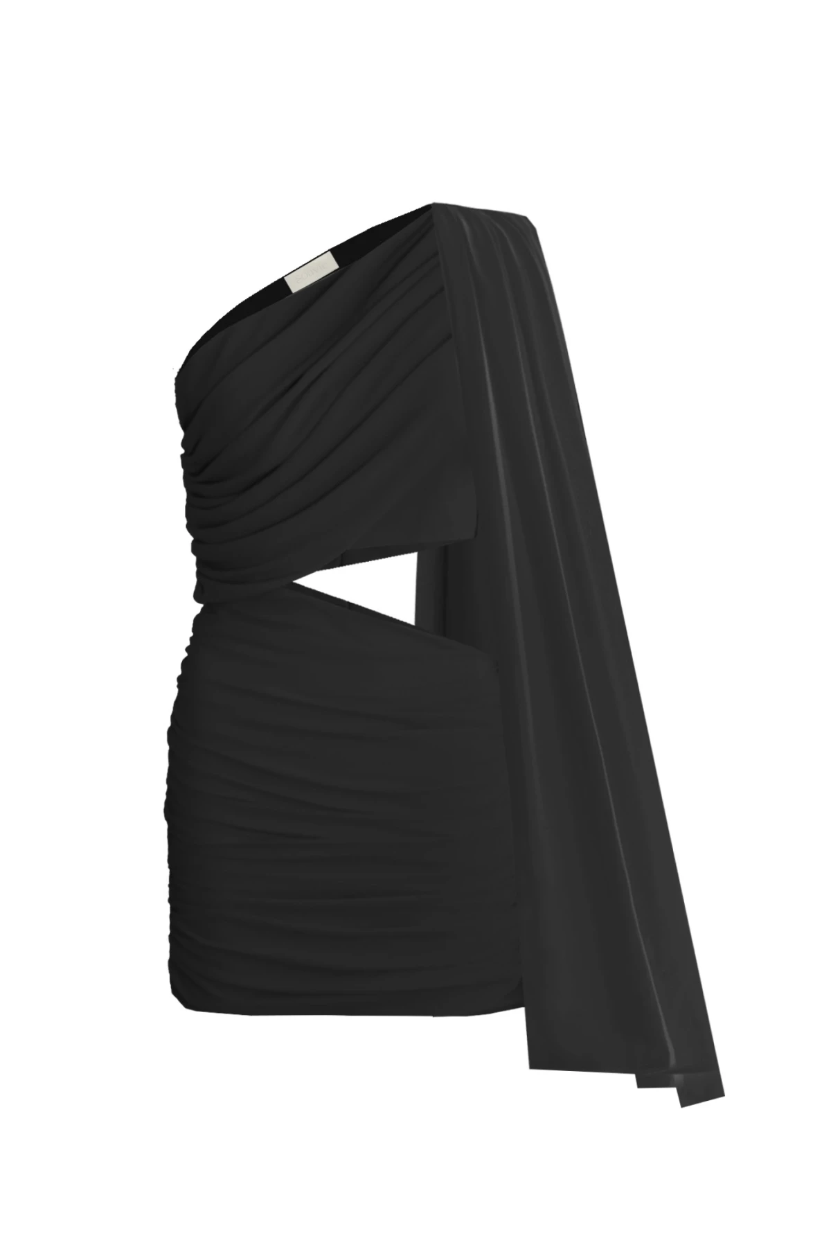 BLACK MINI DRESS WITH DRAPED CUTOUT DETAILS