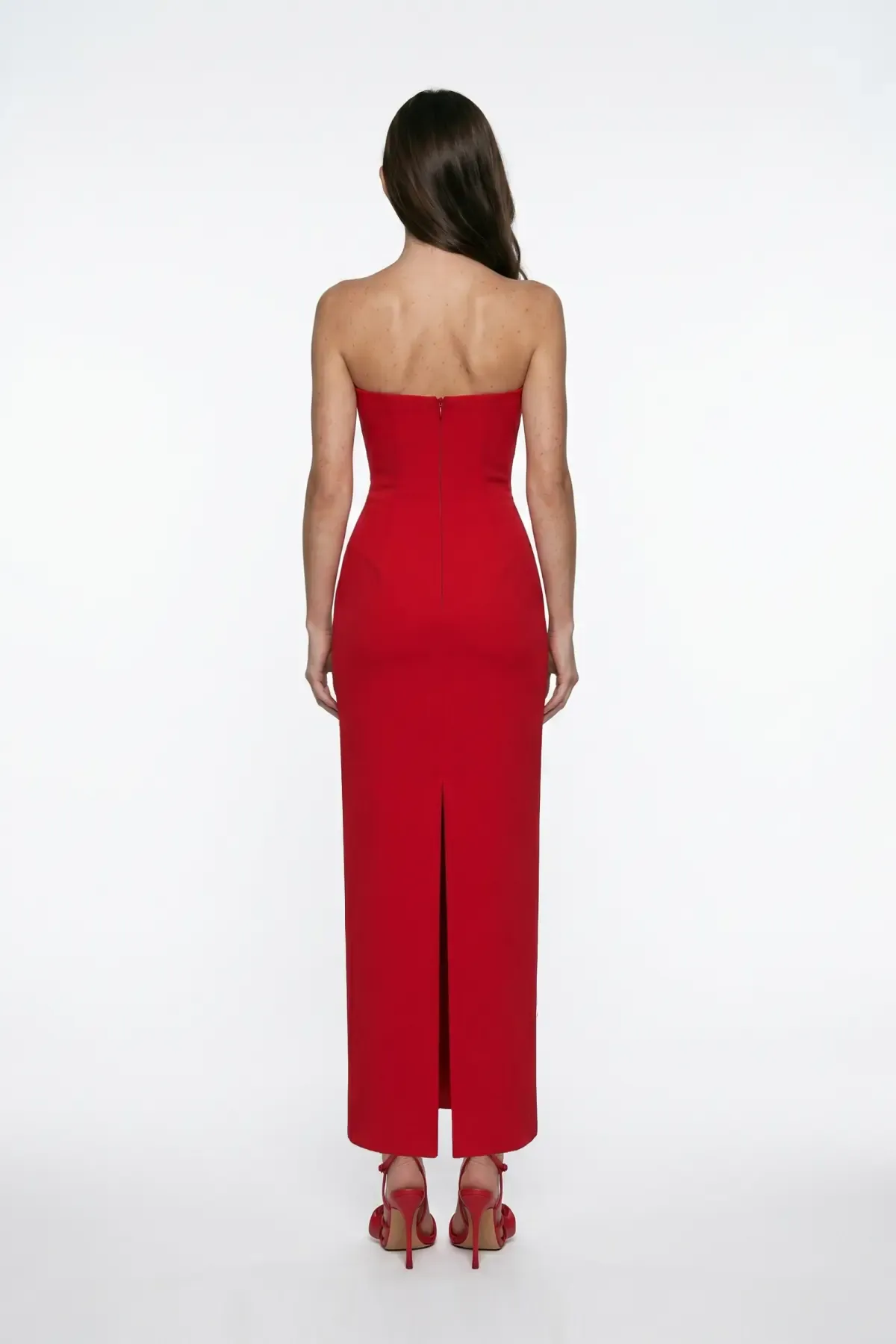 RED CORSET DETAIL CREPE MIDI BODYCON DRESS