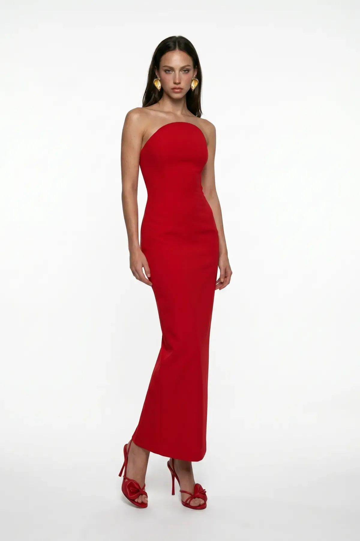 RED CORSET DETAIL CREPE MIDI BODYCON DRESS