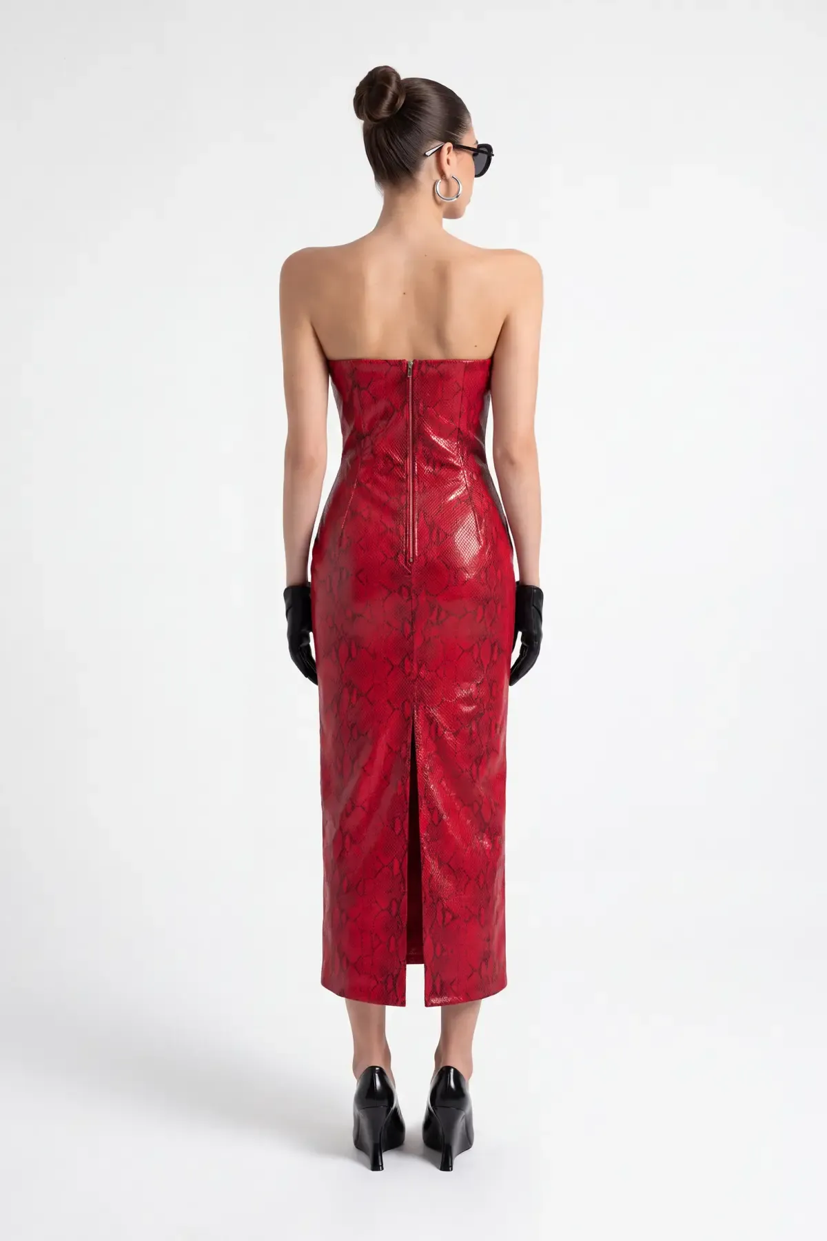 KIRMIZI PiTON DOKULU BODYCON MİDİ ELBİSE