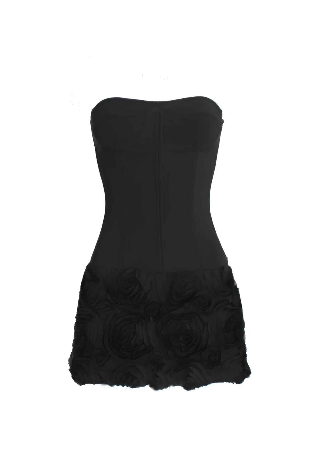 BLACK MINI DRESS WITH CORSET DETAIL AND FLORAL PATTERN