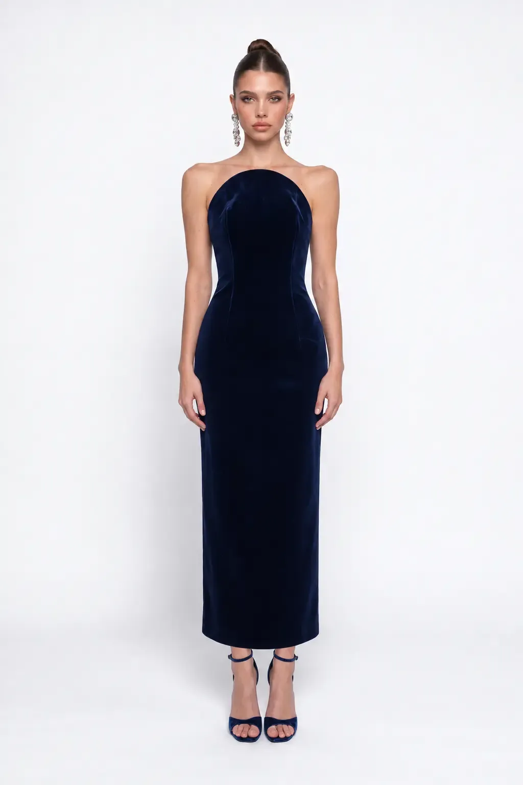 LACİVERT KADİFE BODYCON MİDİ ELBİSE
