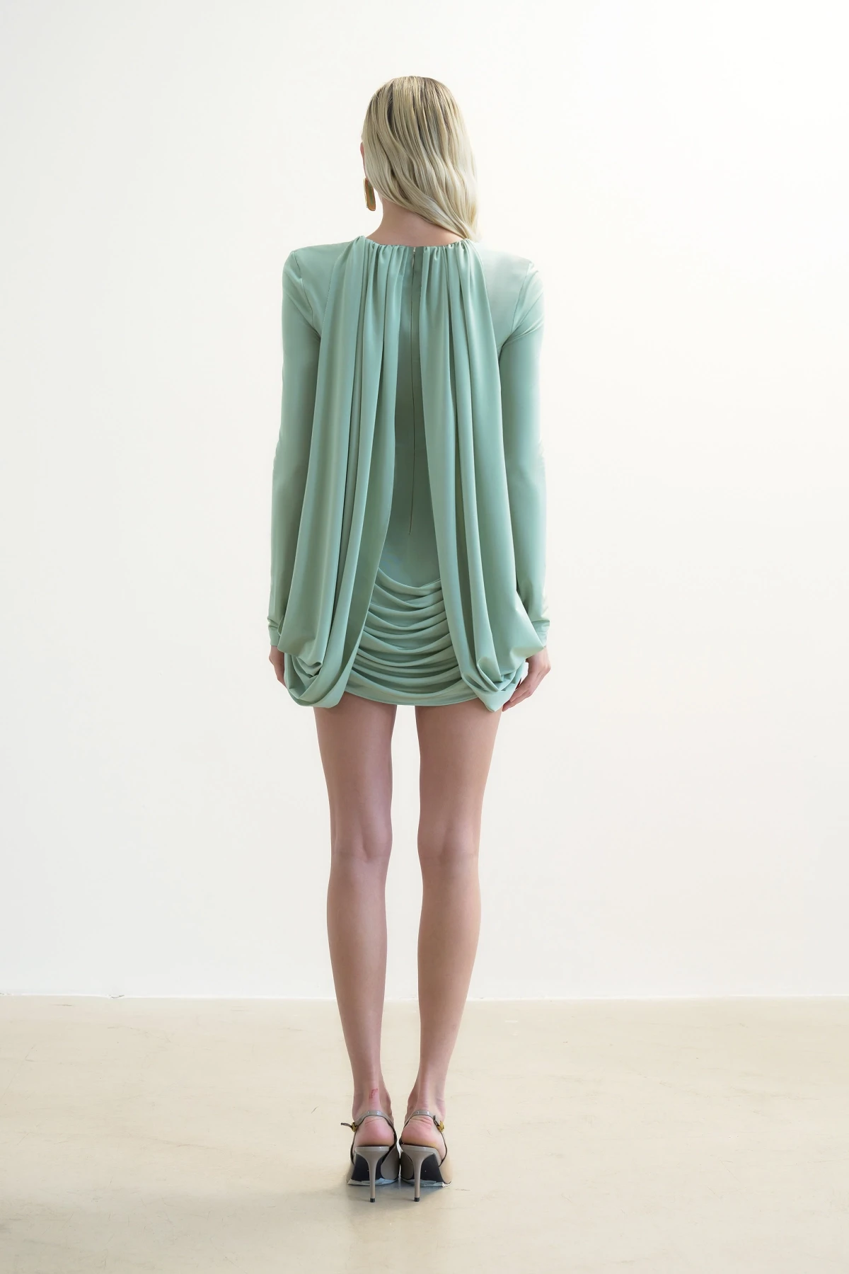 MINT GREEN MINI DRESS WITH VELVET FRONT ROUND CUT-OUT AND CAPE-BACK DETAIL