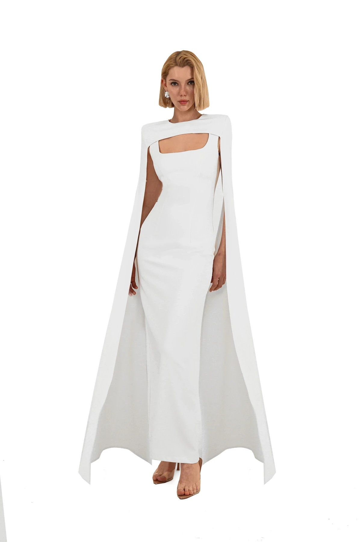 WHITE MAXI DRESS WITH CAPE DETAIL