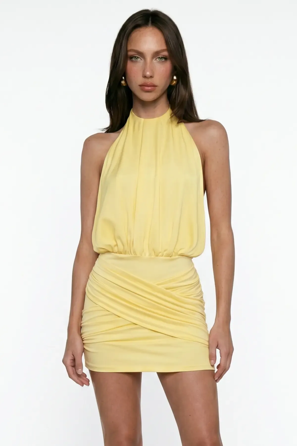 YELLOW BACK DETAIL MINI JERSEY DRESS WITH GOLD ACCESSORY