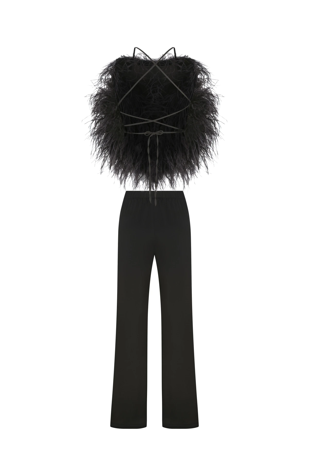 FEATHER DETAIL HALTER COLLAR TOP PANTS SET