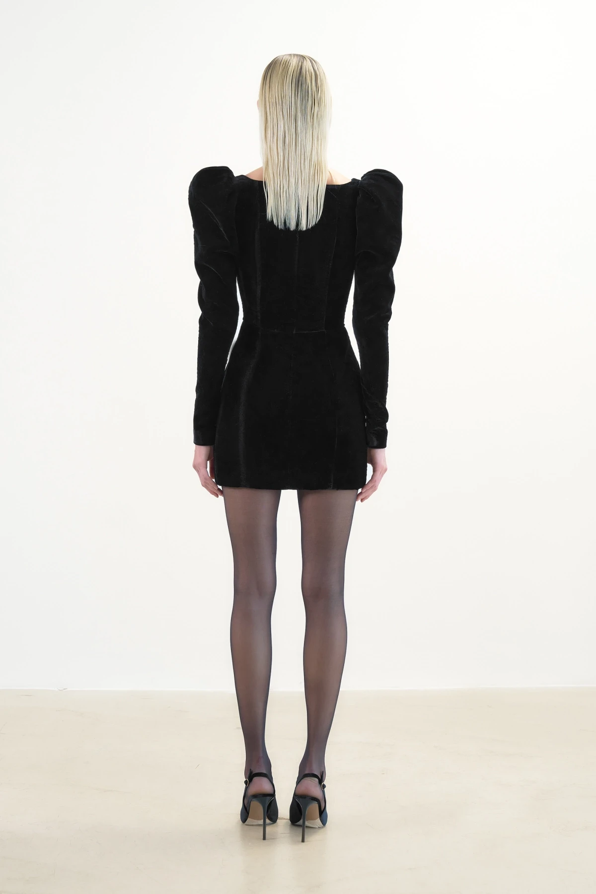 BLACK VELVET MINI DRESS WITH BONED CORSET AND PUFFED SLEEVES