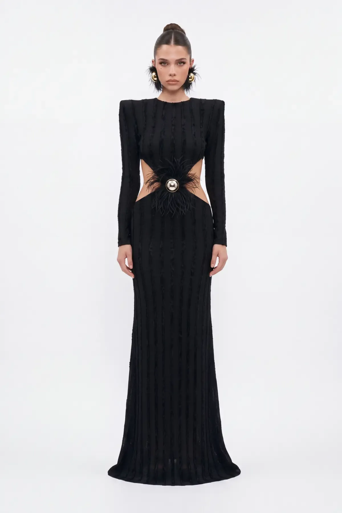 SİYAH CUT-OUT KADİFE ŞERİTLİ MAXİ ELBİSE