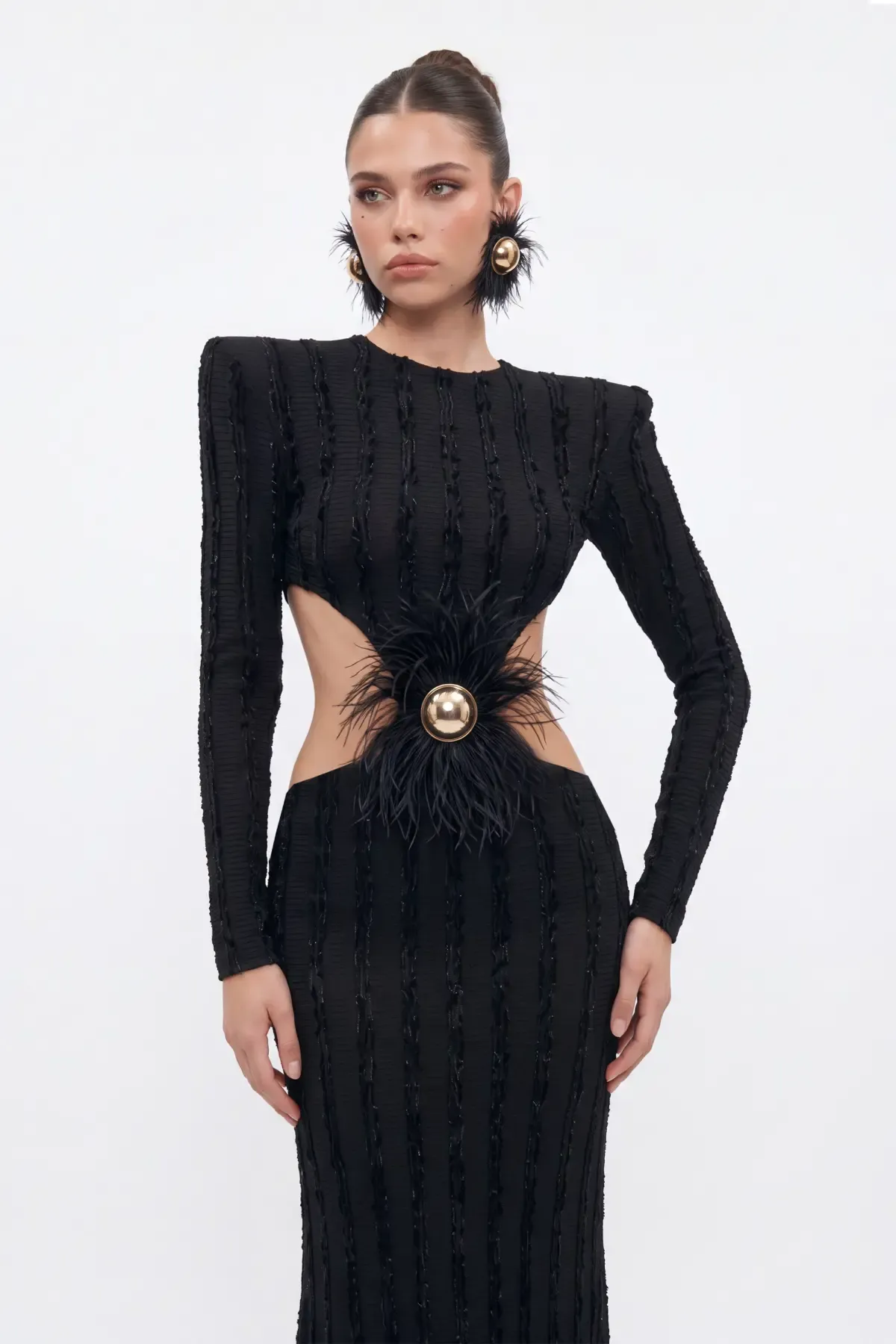 SİYAH CUT-OUT KADİFE ŞERİTLİ MAXİ ELBİSE