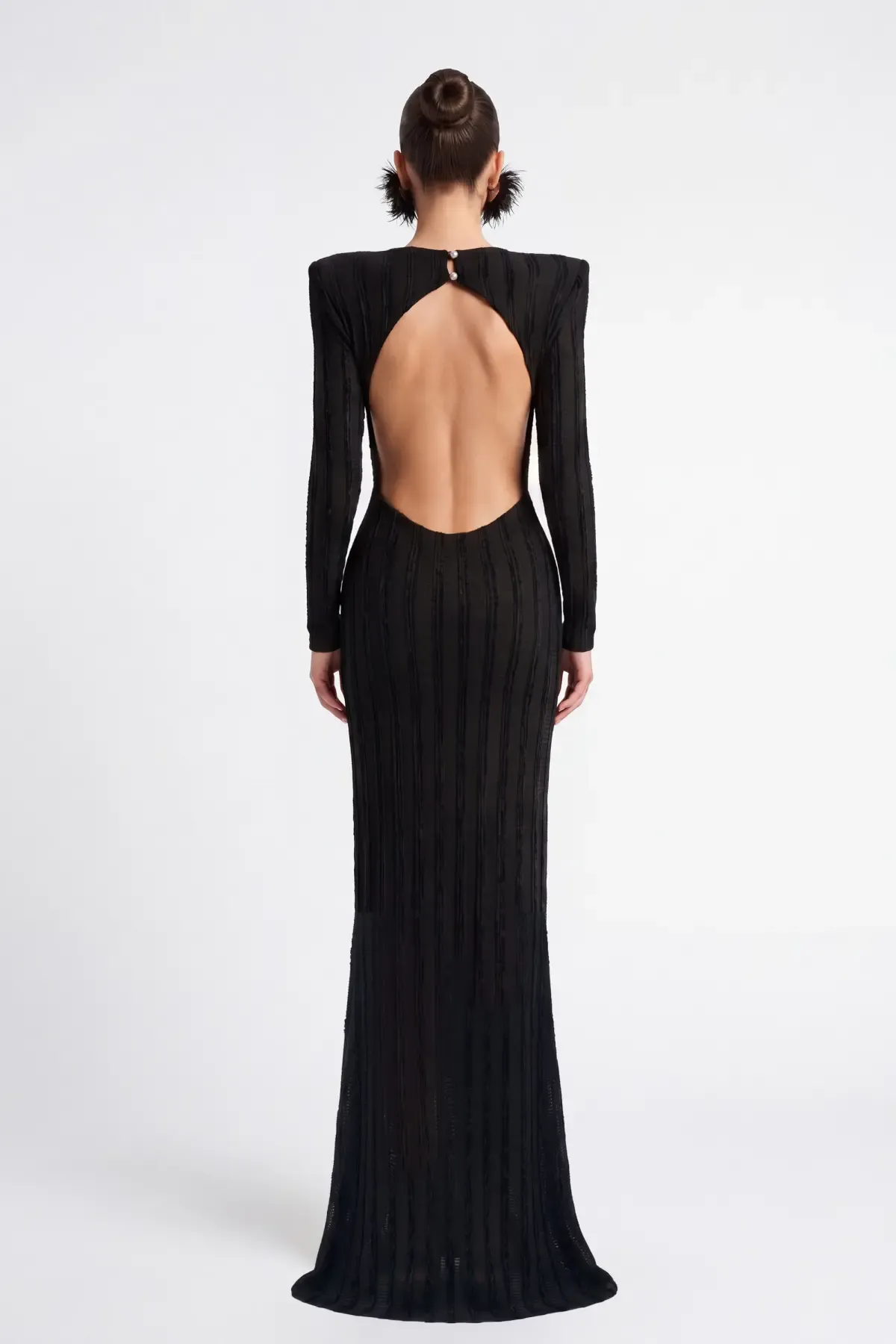 SİYAH CUT-OUT KADİFE ŞERİTLİ MAXİ ELBİSE