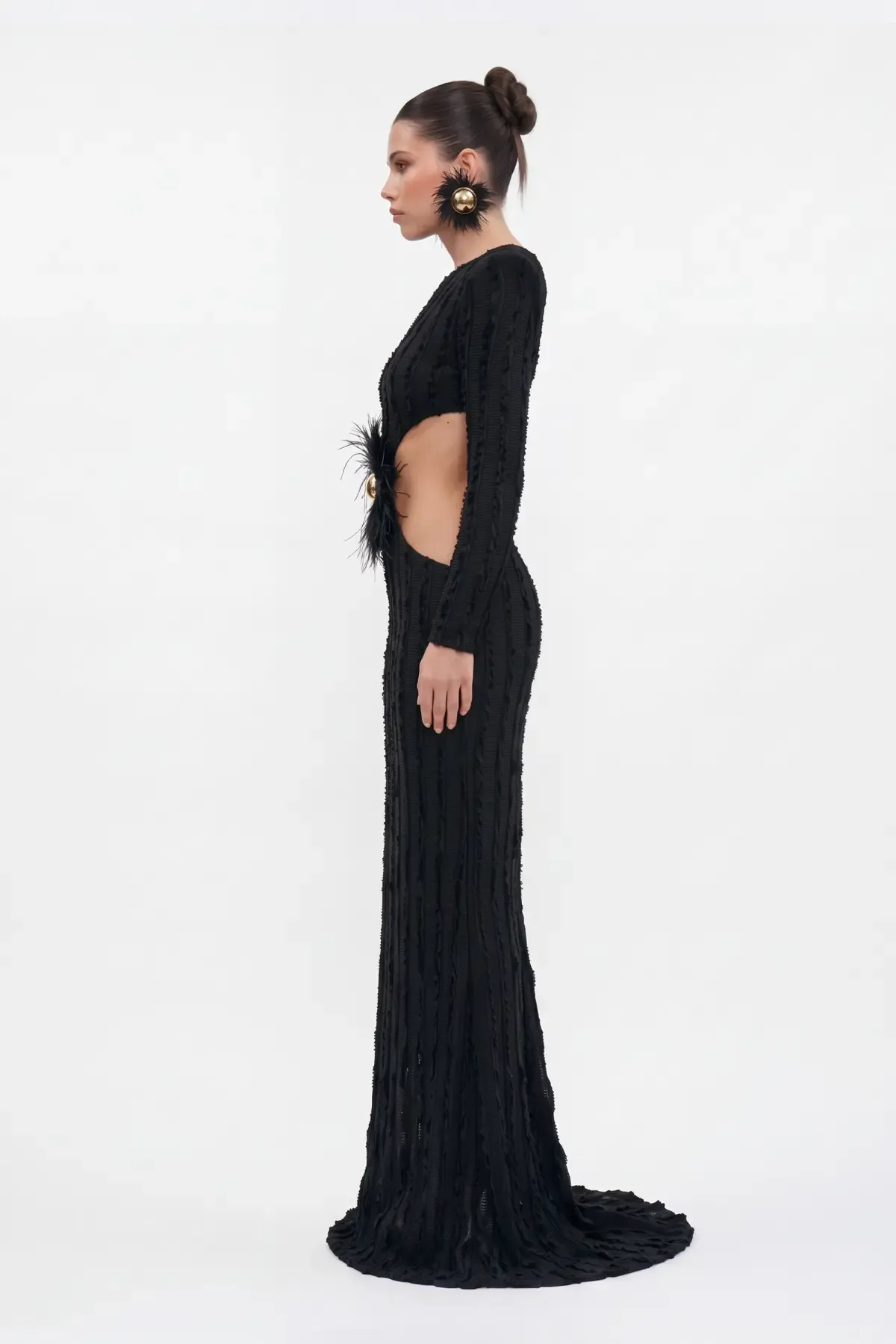 SİYAH CUT-OUT KADİFE ŞERİTLİ MAXİ ELBİSE