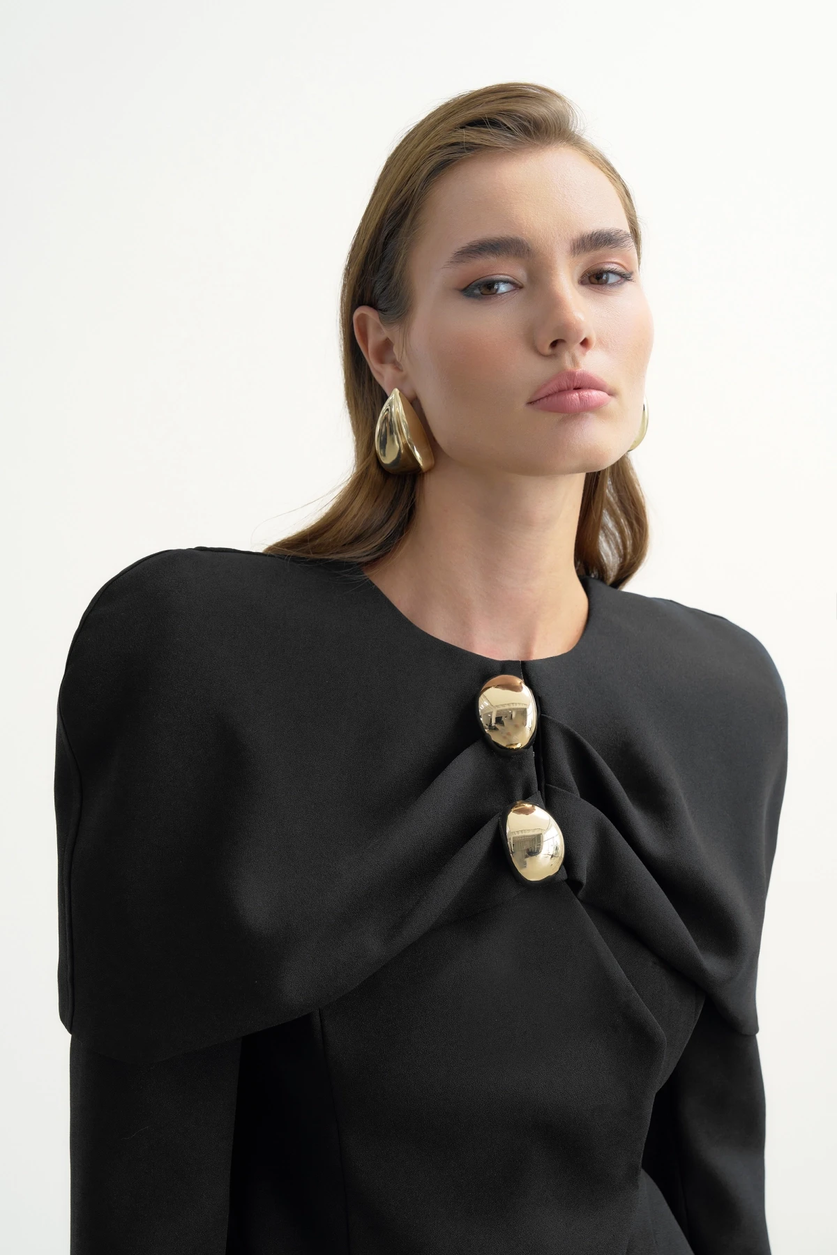 BLACK DRAPED BLAZER WITH CAPE DETAIL