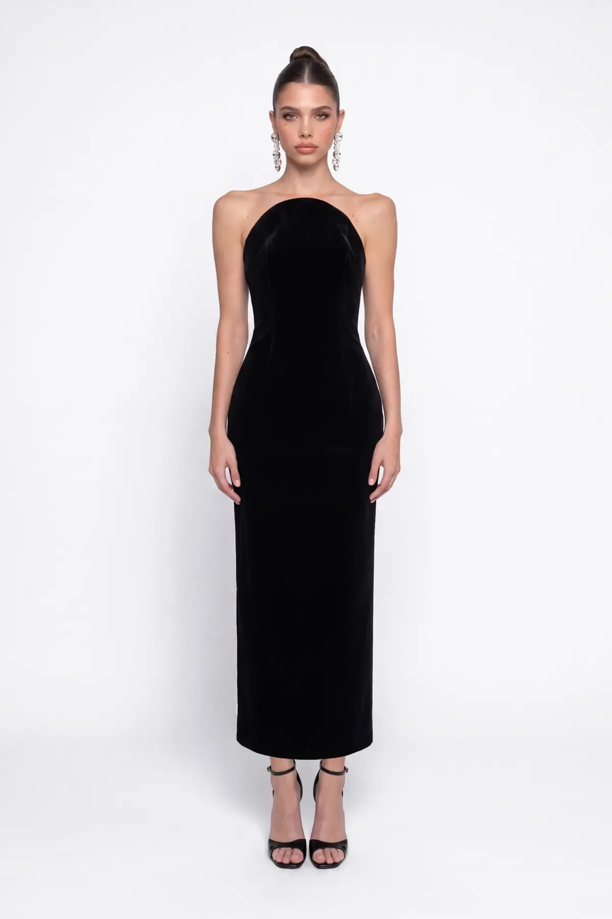 SİYAH KADİFE MİDİ BODYCON ELBİSE