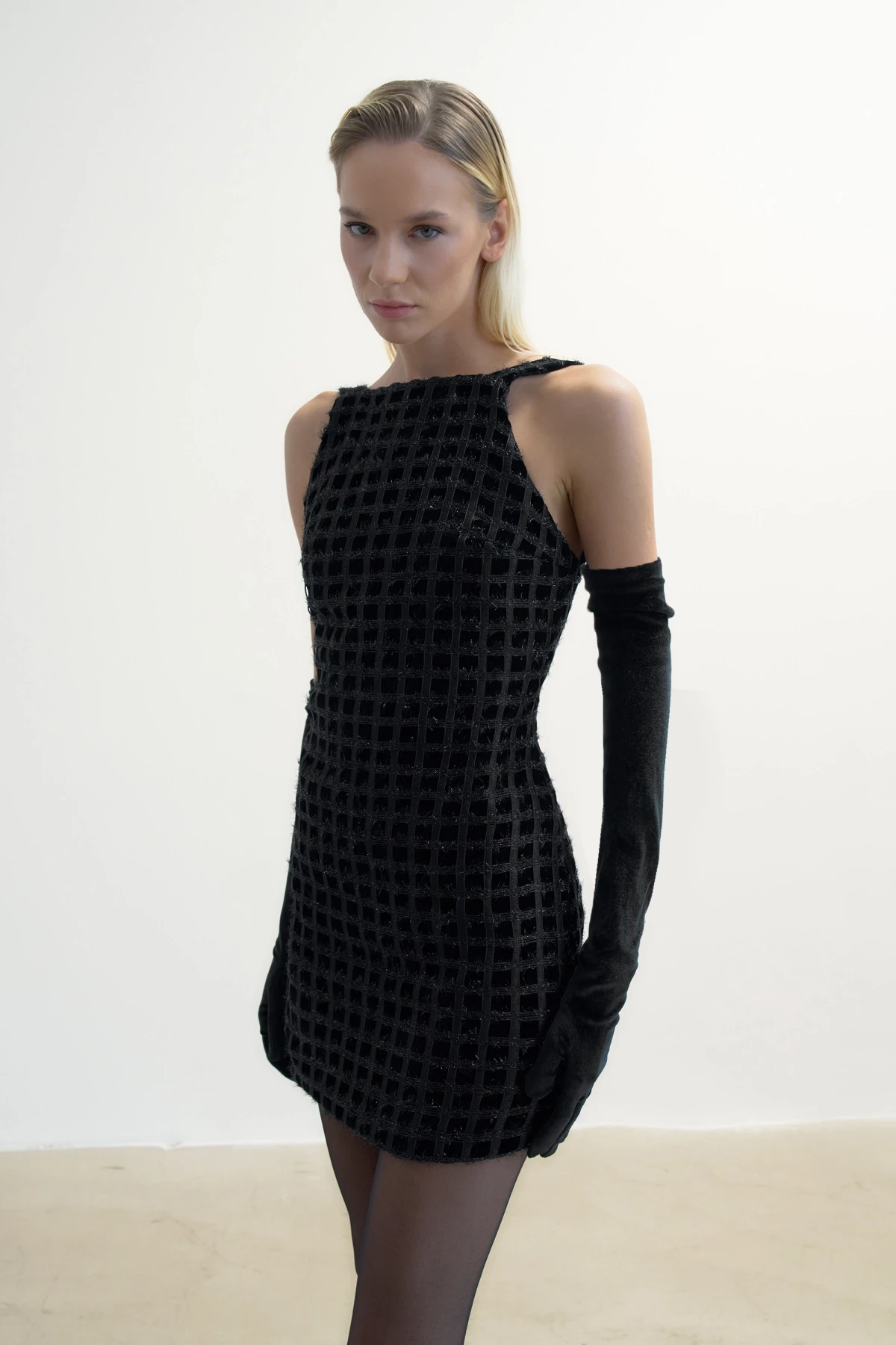 BLACK CHECKED HALTER-NECK MINI DRESS
