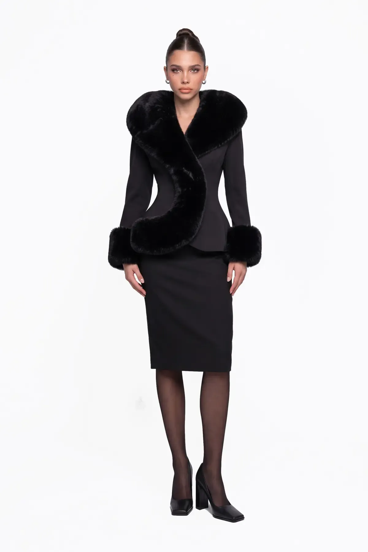 SİYAH KÜRK DETAYLI GABARDİN CEKET
