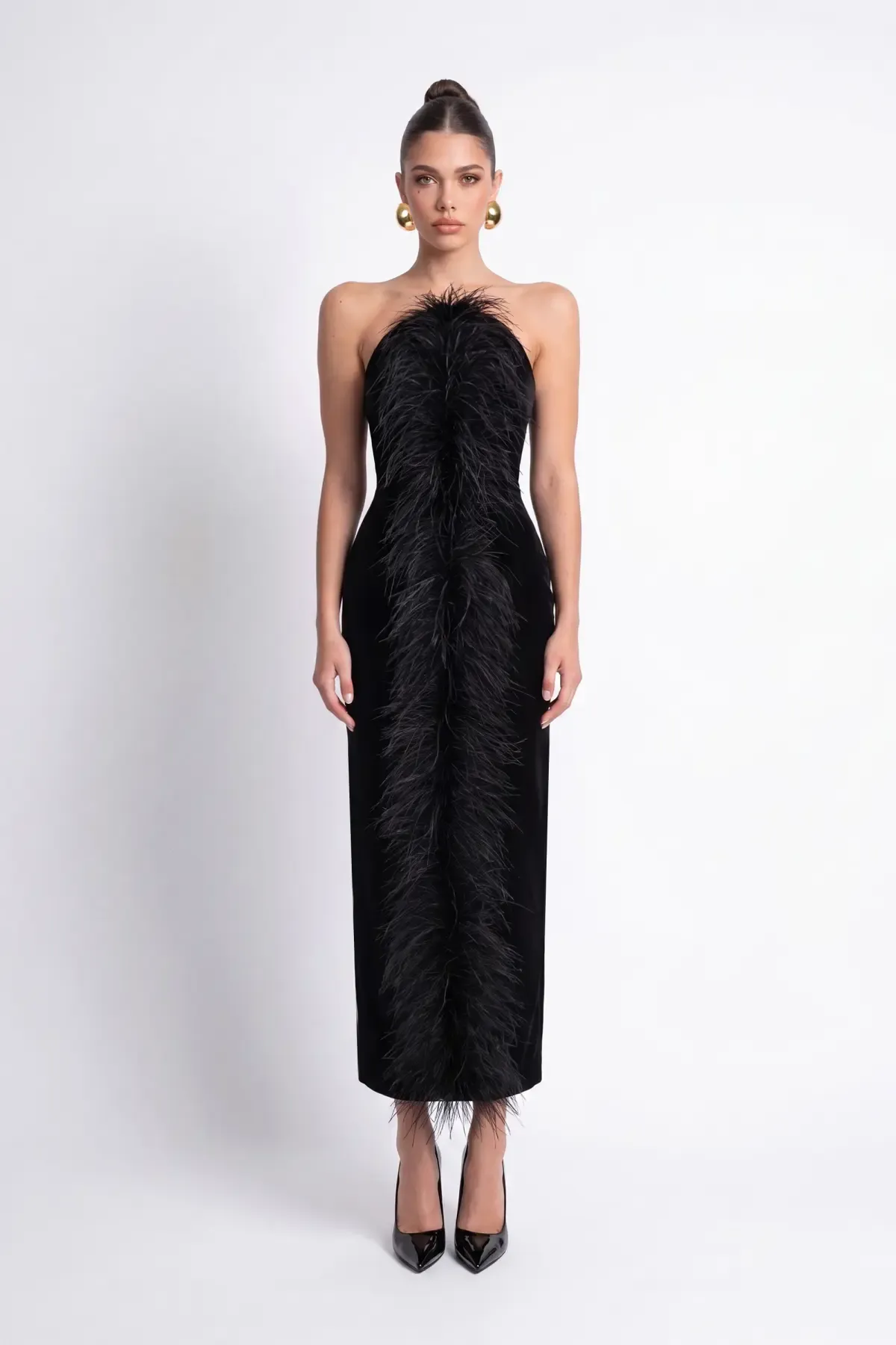 SİYAH TÜY DETAYLI KADİFE BODYCON MİDİ  ELBİSE