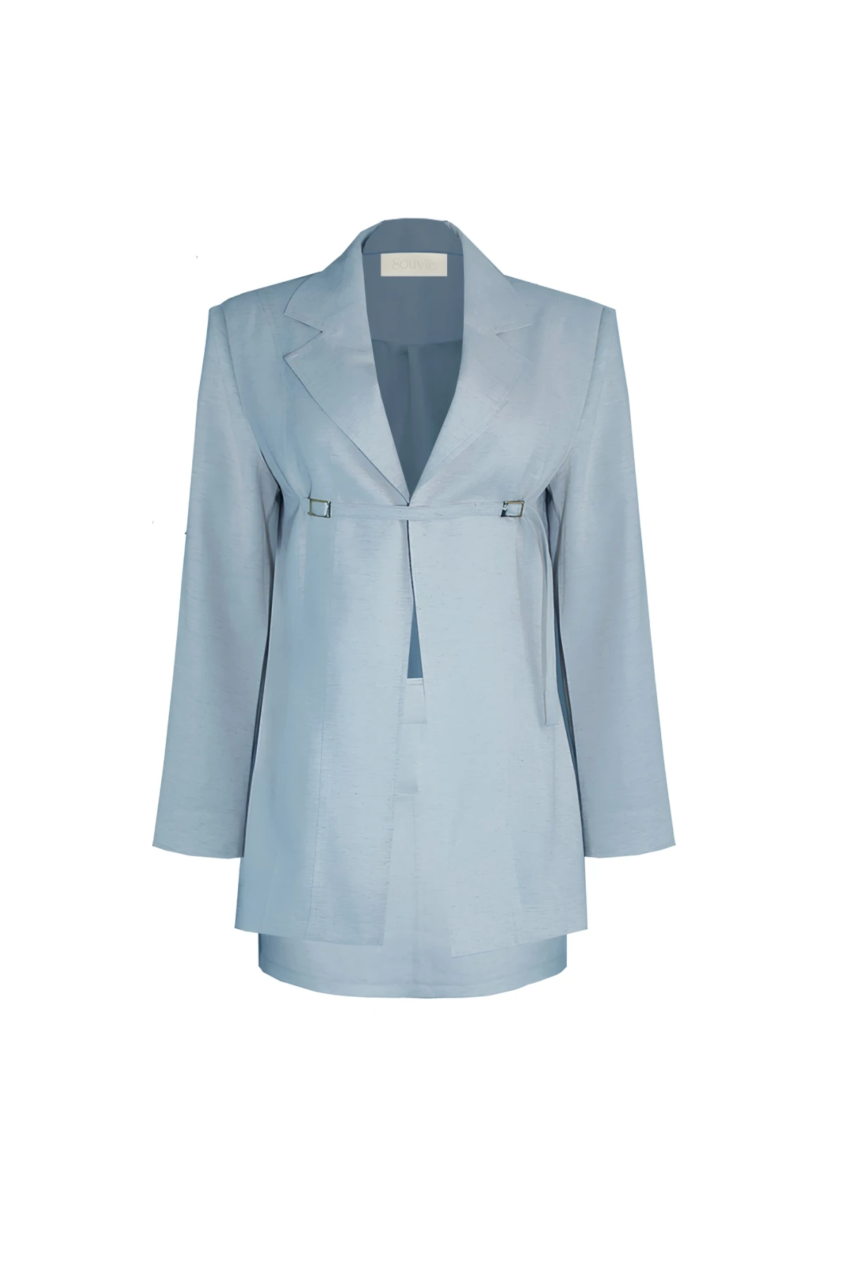 TOKA DETAYLI KETEN MAVİ CEKET VE ETEK TAKIM