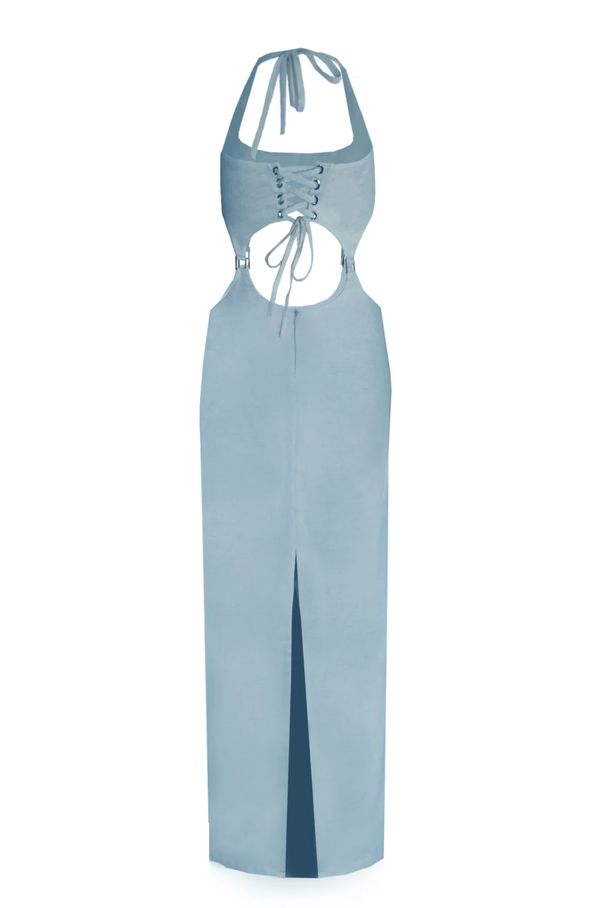 BLUE LINEN MIDI DRESS WITH BUCKLE DETAIL