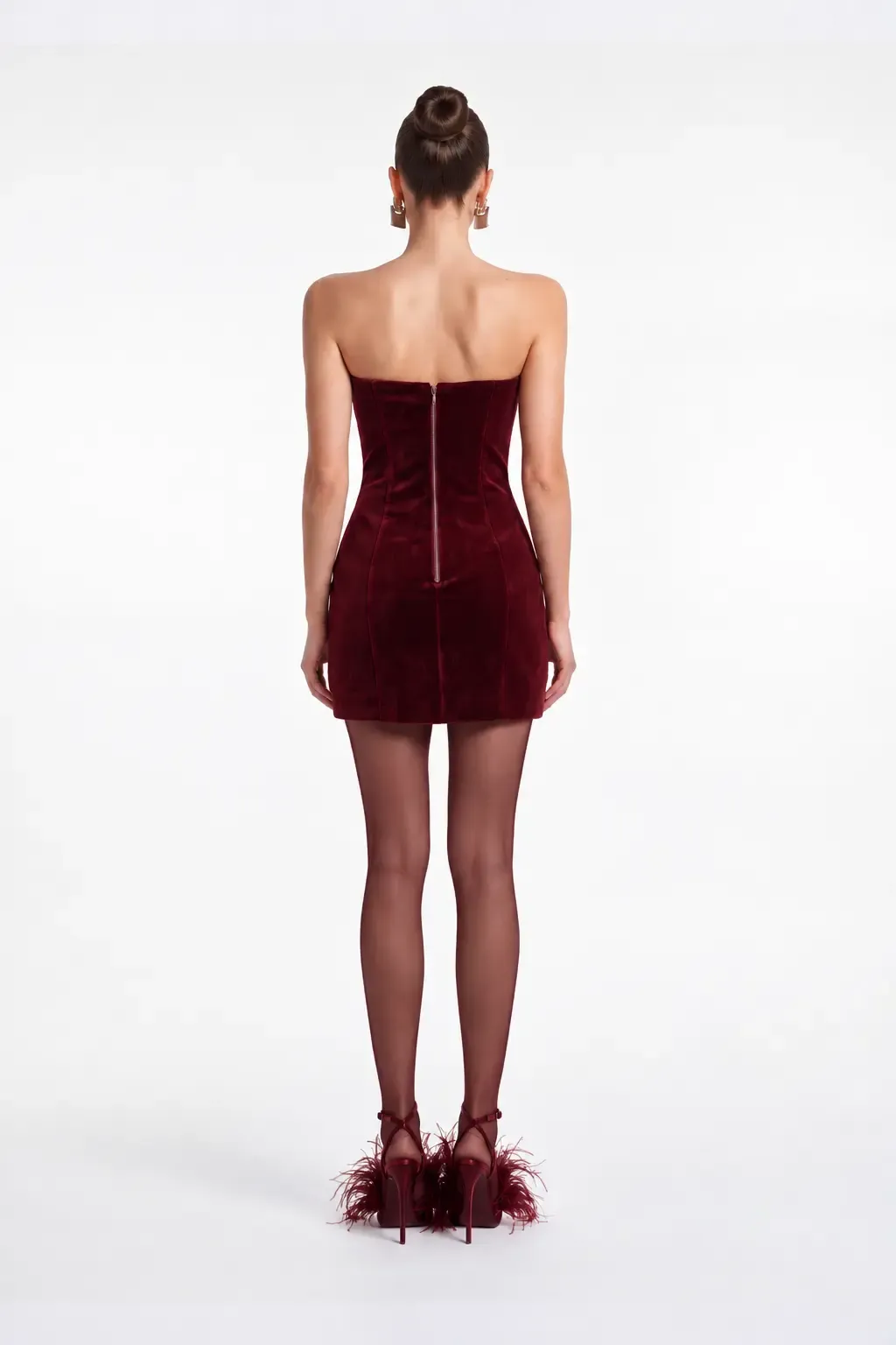 TÜY DETAYLI BORDO KADİFE MİNİ BODYCON ELBİSE