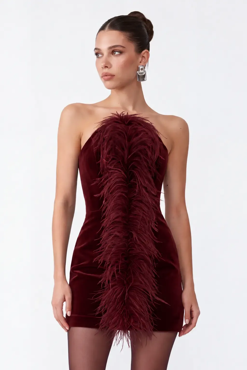 TÜY DETAYLI BORDO KADİFE MİNİ BODYCON ELBİSE